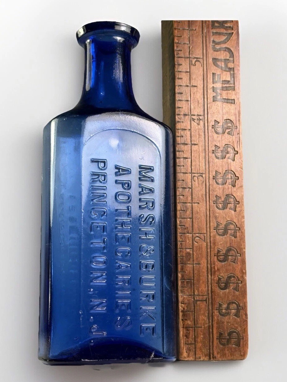 RARE MARSH & BURKE COBALT BLUE DRUGSTORE MEDICINE BOTTLE PRINCETON NJ WTCO 1894