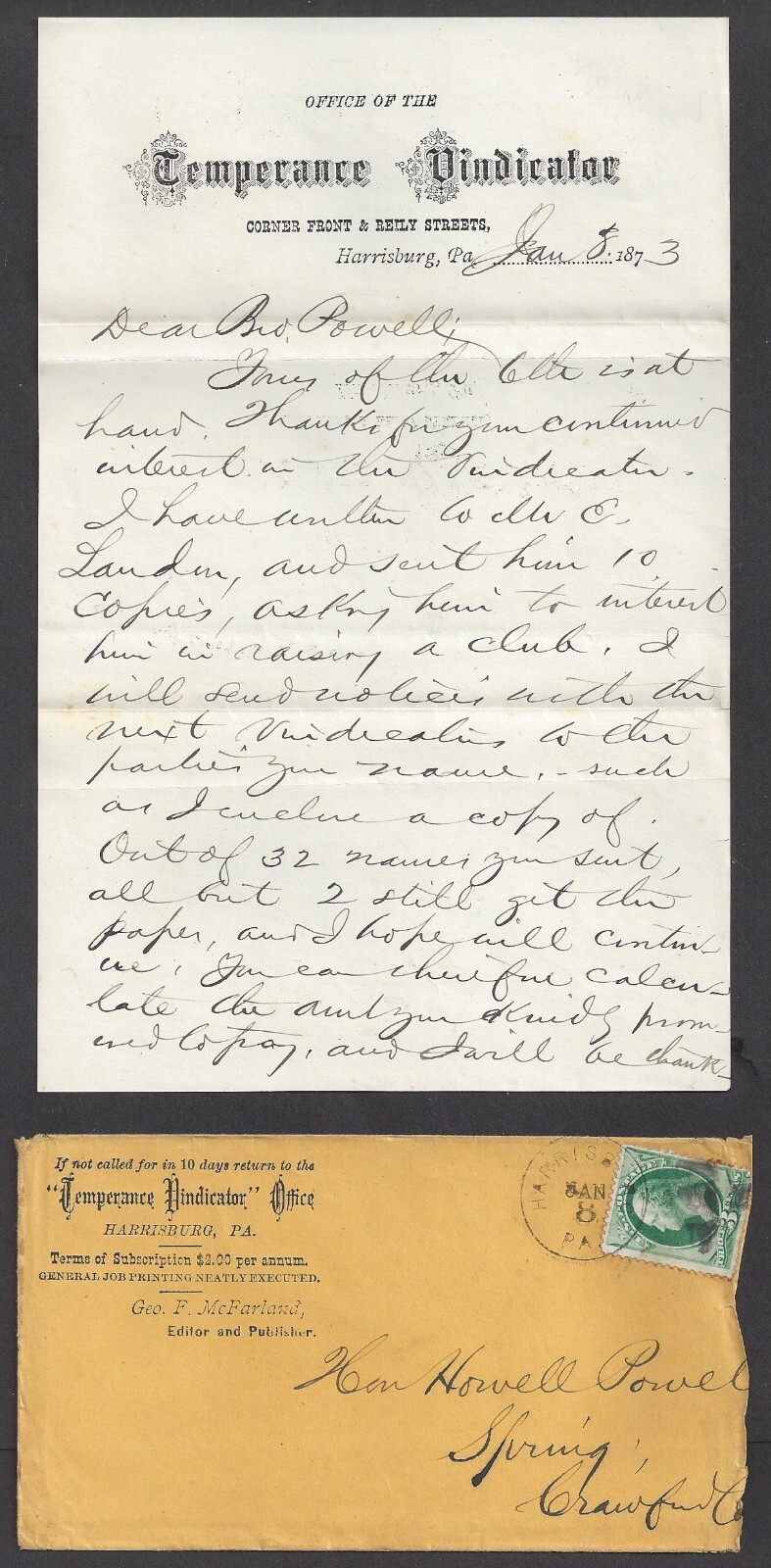 HARRISBURG, PA ~ TEMPERANCE VINDICATOR JOURNAL ~ LETTERHEAD & ADV. COVER 1873