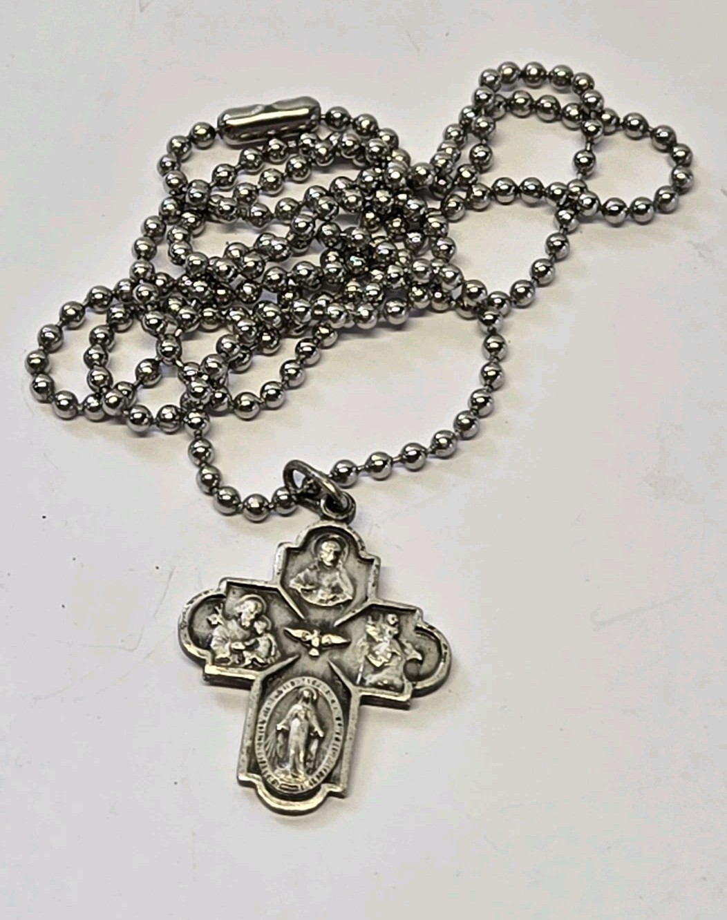 Vintage French 4 Way Silver Plated Catholic Medal on 24
