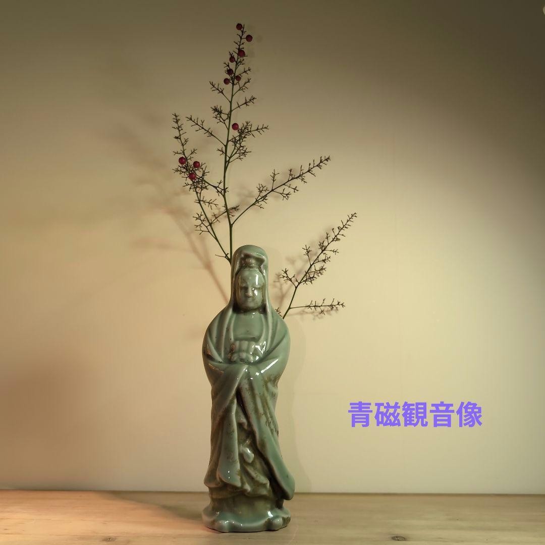 Celadon Ceramic Kannon Statue Japanese Antique Blue Green Color Used