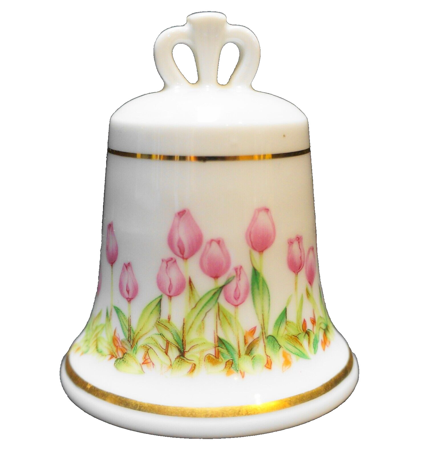 Pink Tulips Porcelain Bell Gold Trim