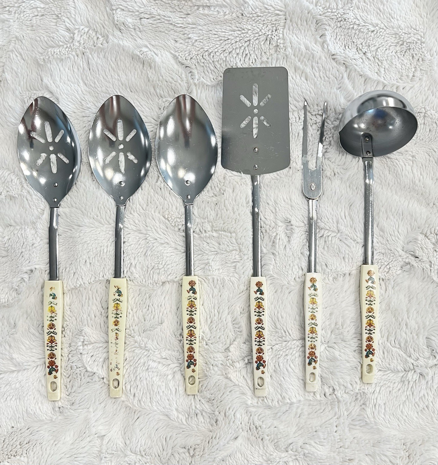 Vtg 6 Set COUNTRY FESTIVAL ECKO Utensil Spoon Spatula Blue Rooster Corning Ware