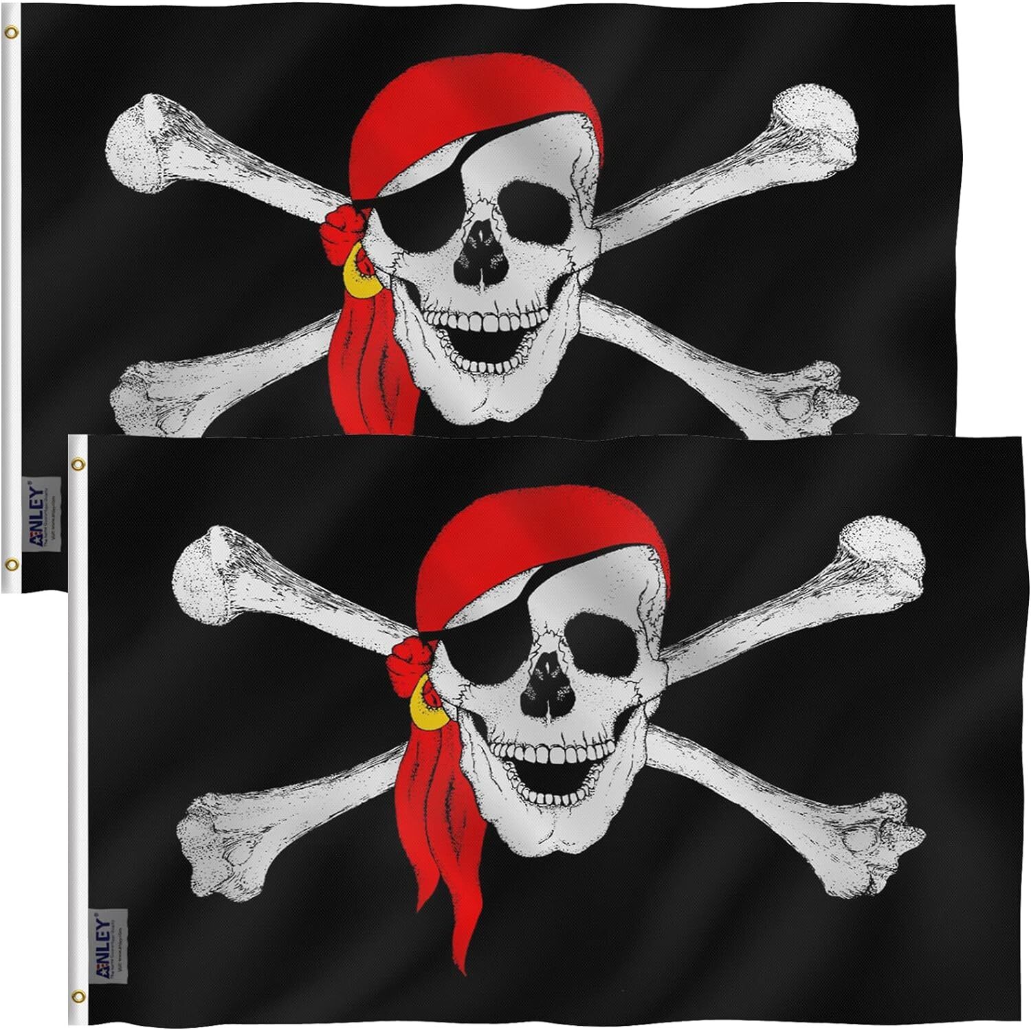 Anley 2 Pack 3x5 Ft Jolly Roger Pirate Flag Red Bandana Skull Banner Polyester