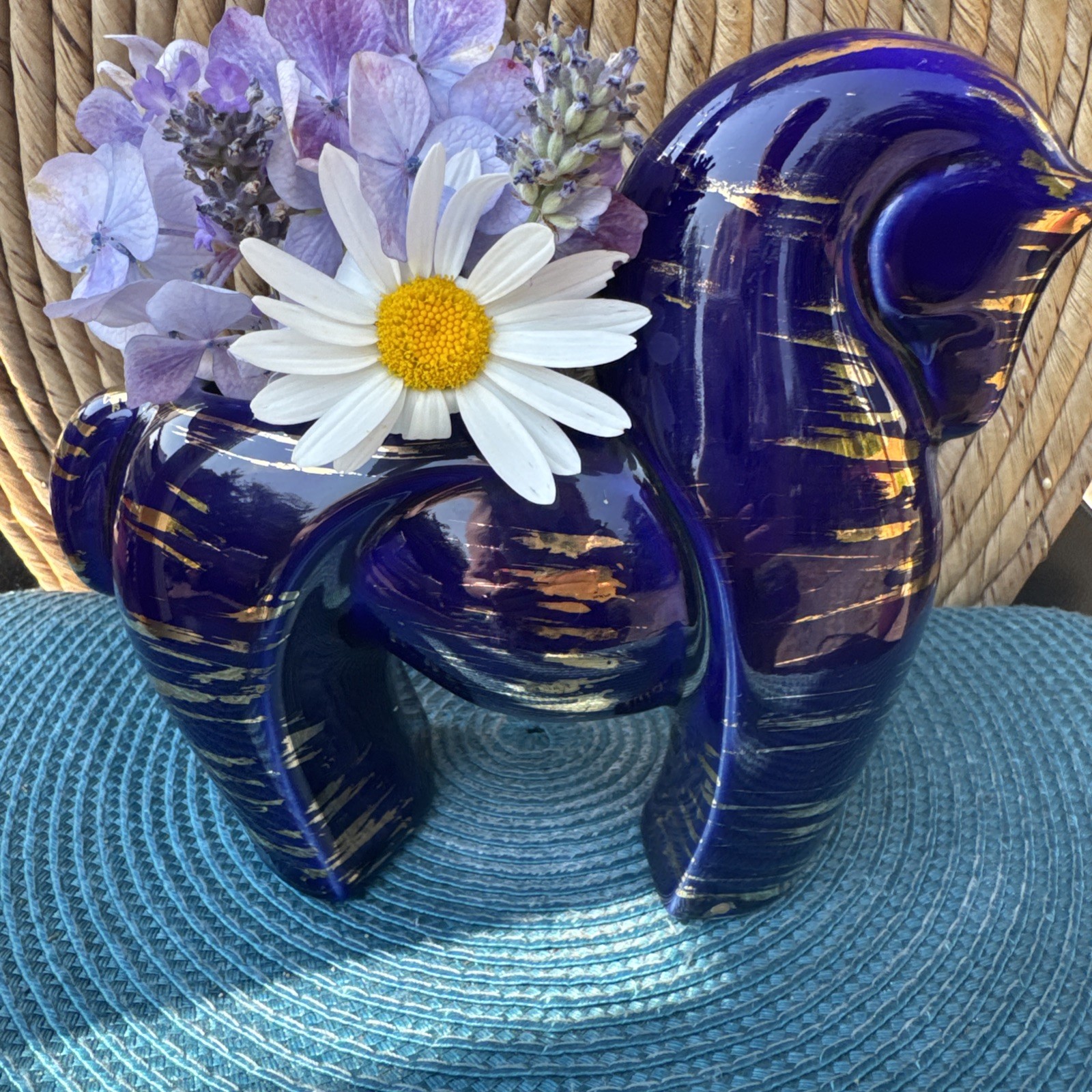 Vintage Pottery Cobalt And Gold  Horse Planter/Vase 6.5” Tall