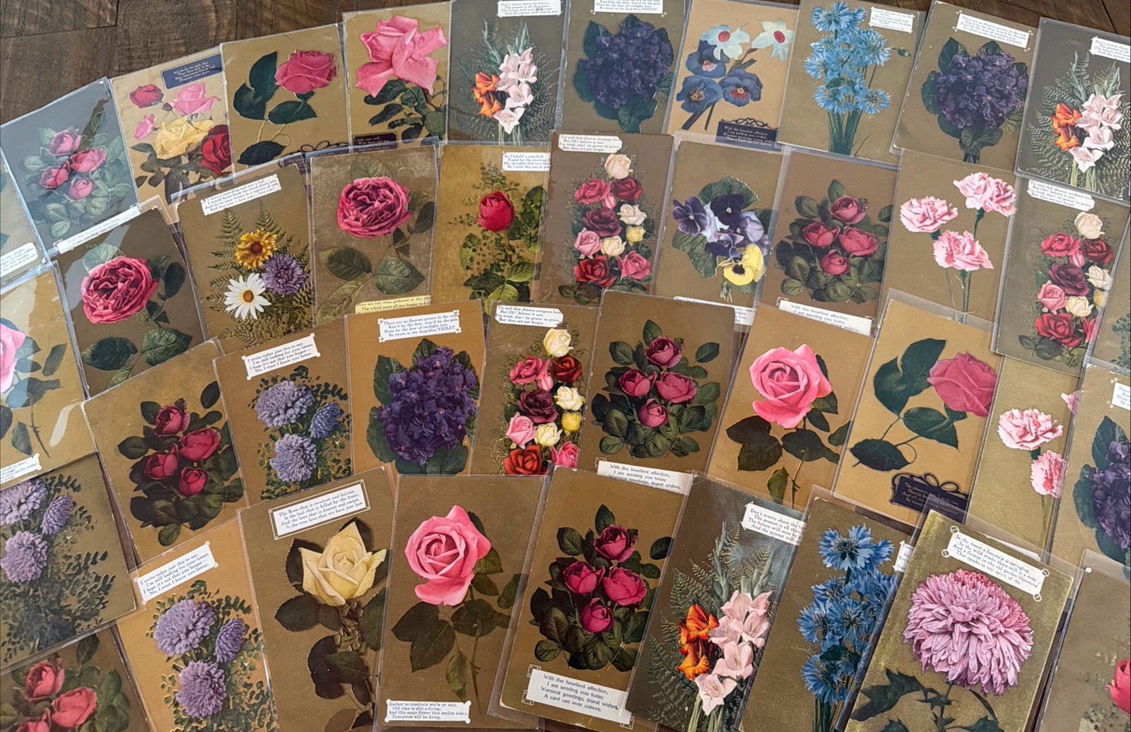 Huge~Lot of 50~Gold Back Roses & Flowers~Vintage~Floral Greetings~Postcards~s611