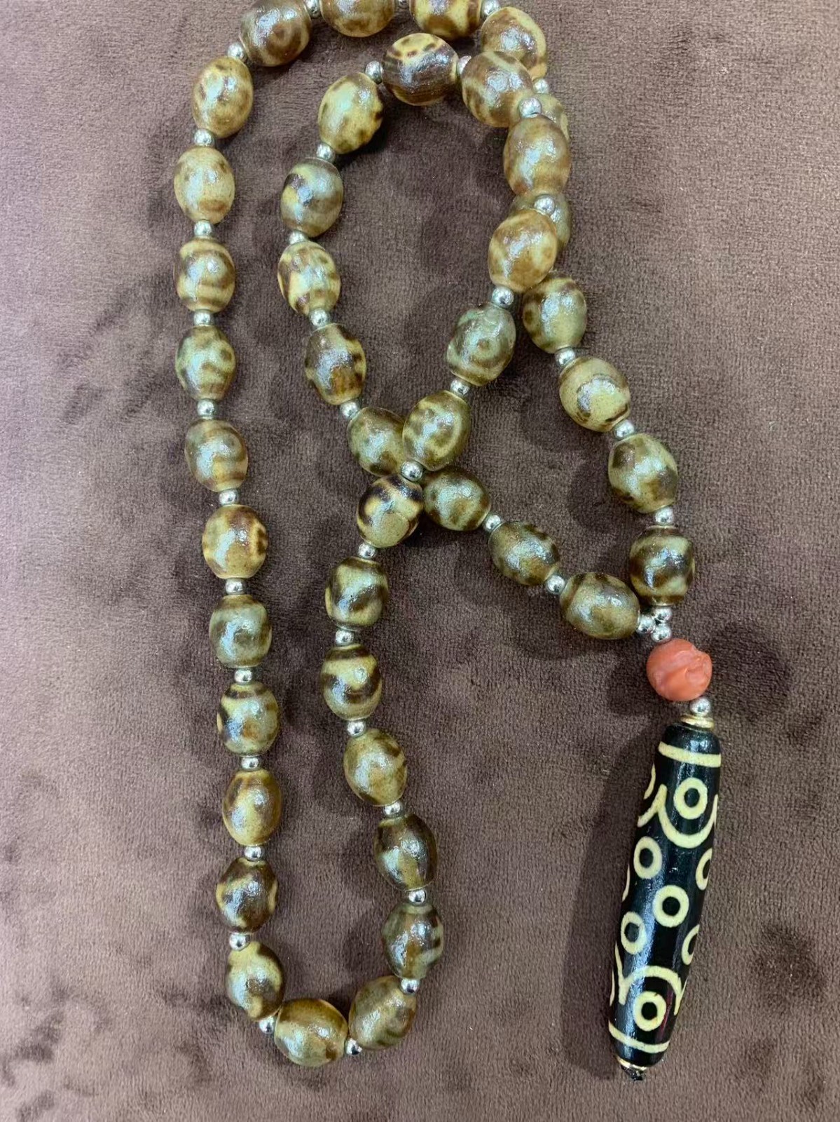 Tibetan Old Agate Dzi *Ritual* Beads W/Agate Dzi *15Eyed* Bead Pendant Necklace