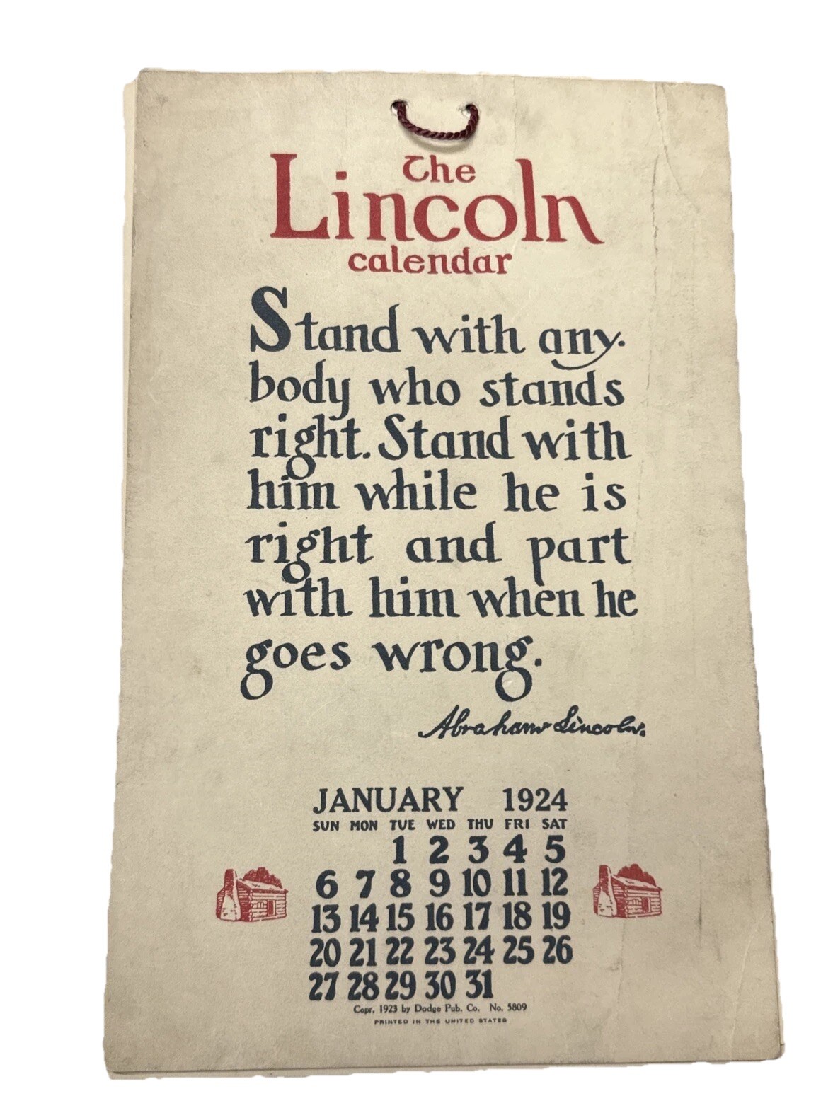 Antique 1924 The Lincoln Calendar Wall Hanging Abraham Quotes Vintage Ephemera