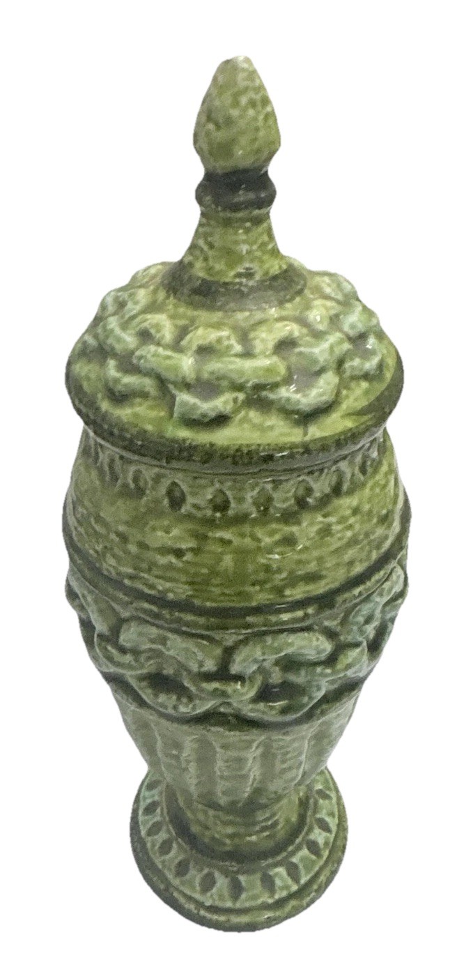 Vintage Large Green Porcelain Lidded Jar Urn Stoneware Ceramic Stamped