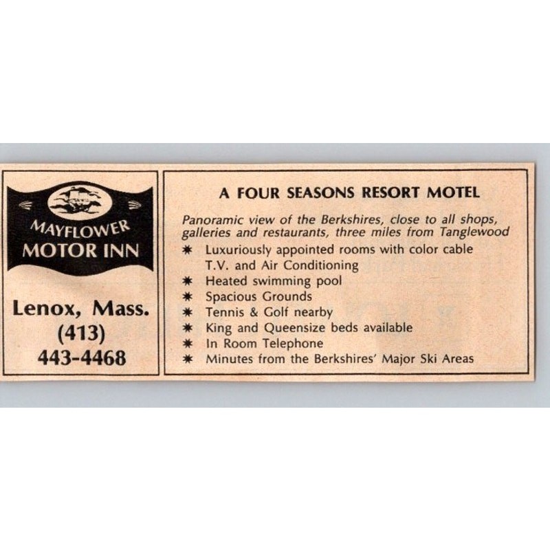 Mayflower Motor Inn A Four Seasons Resort Motel Lenox MA 1985 Ad SAJ3-M11 Mayflower Motor Inn A Four Seasons Resort Motel Lenox MA 1985 Ad SAJ3-M11