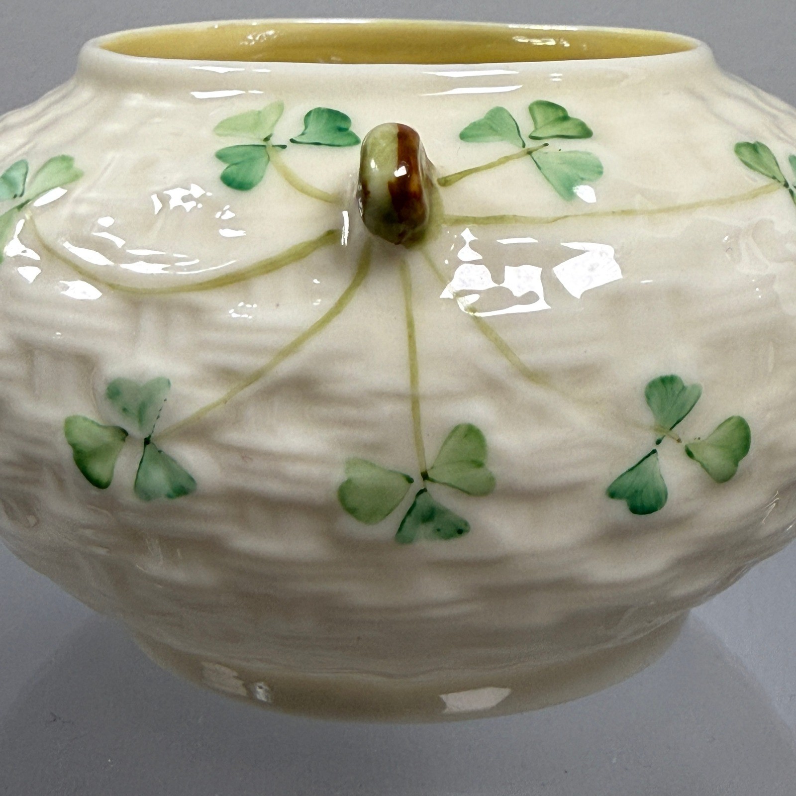 Belleek Ireland Shamrock Basketweave Parian China Open Sugar Bowl 6th Green Mark Belleek Ireland Shamrock Basketweave Parian China Open Sugar Bowl 6th Green Mark
