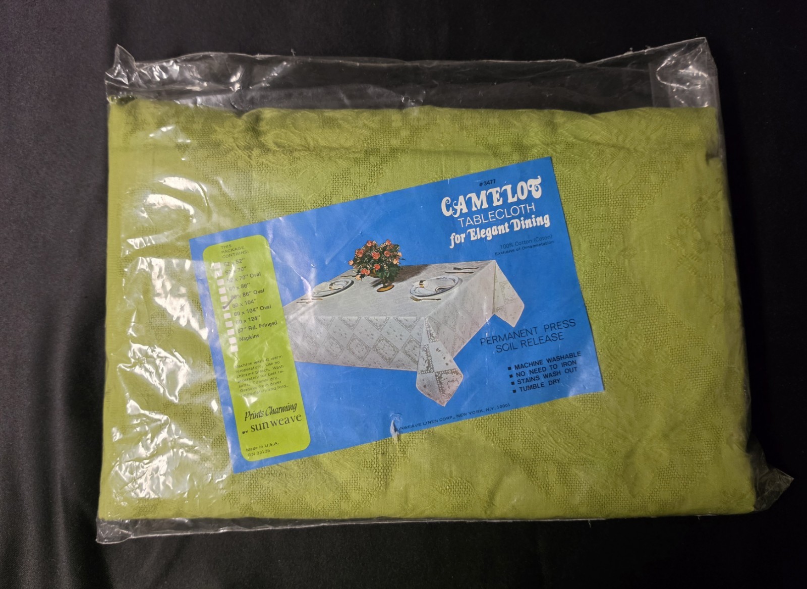 Vintage Camelot Tablecloth NOS Sealed Permanent Press 1970s Avocado Green