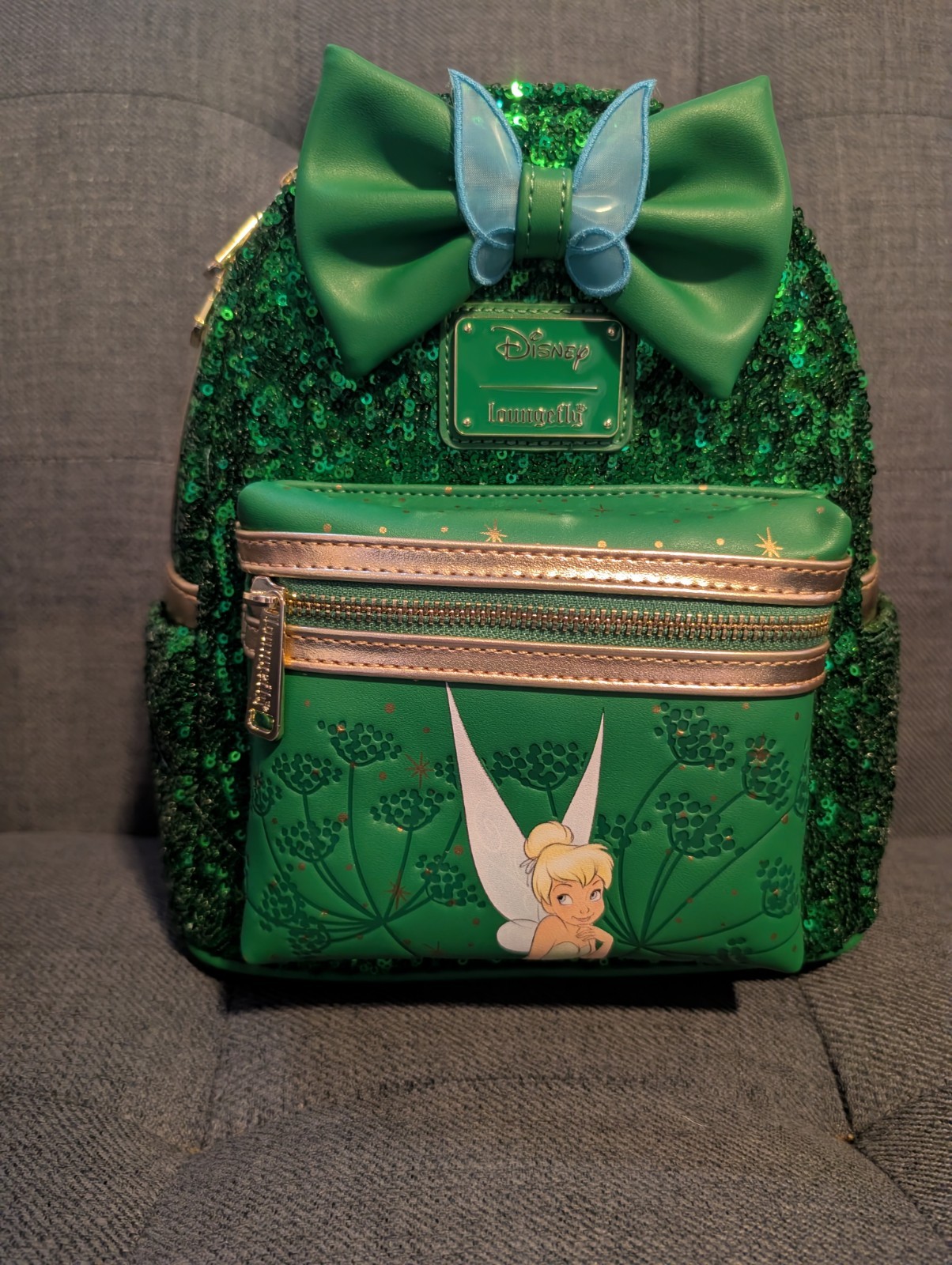 Loungefly Disney Tinker Bell Green Sequin Glitter Mini Backpack Bag with Bow NWT
