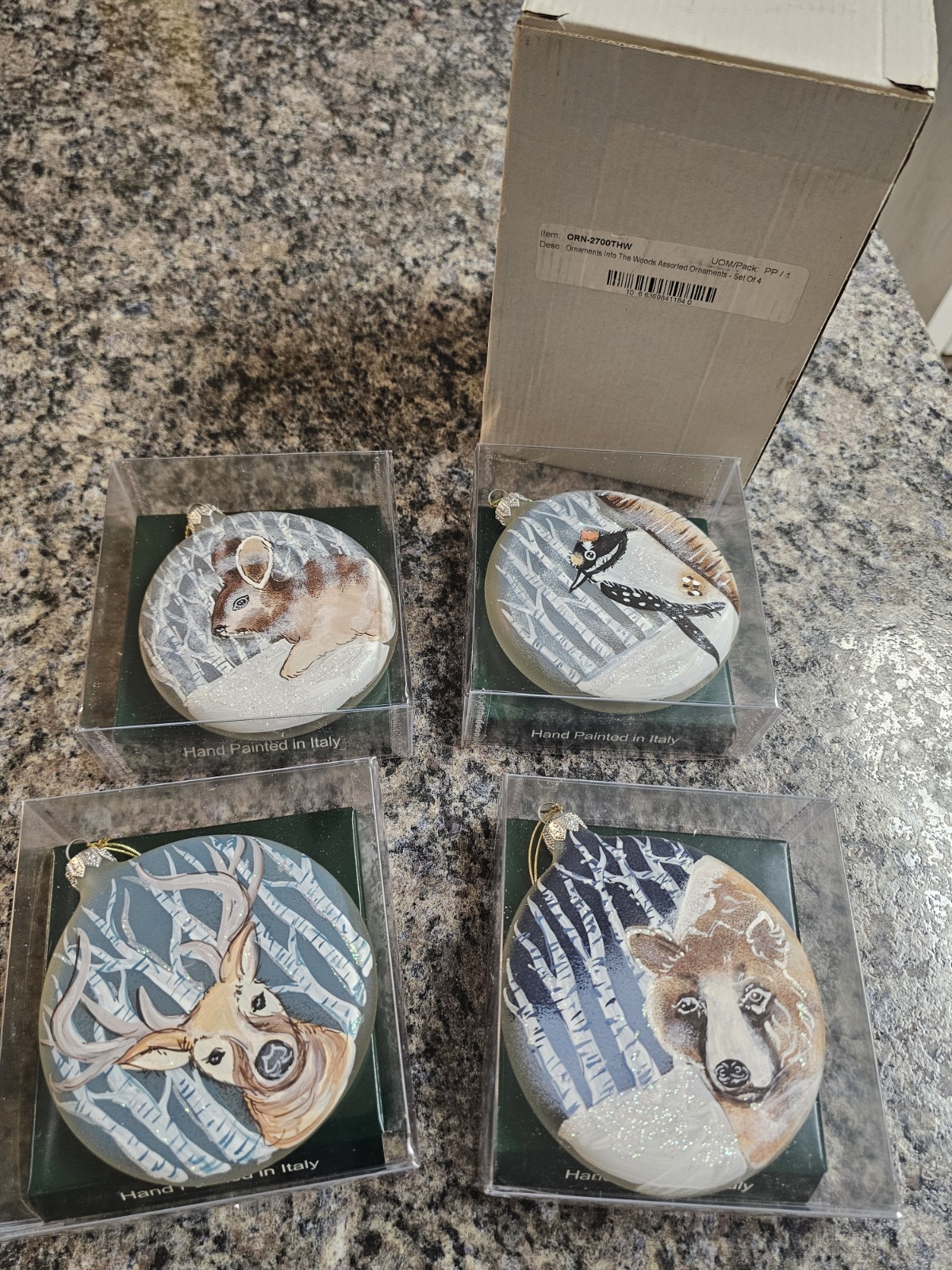 NEW VIETRI Into The Woods Christmas Ornament Set Of 4 Italian Hand Painted Glass