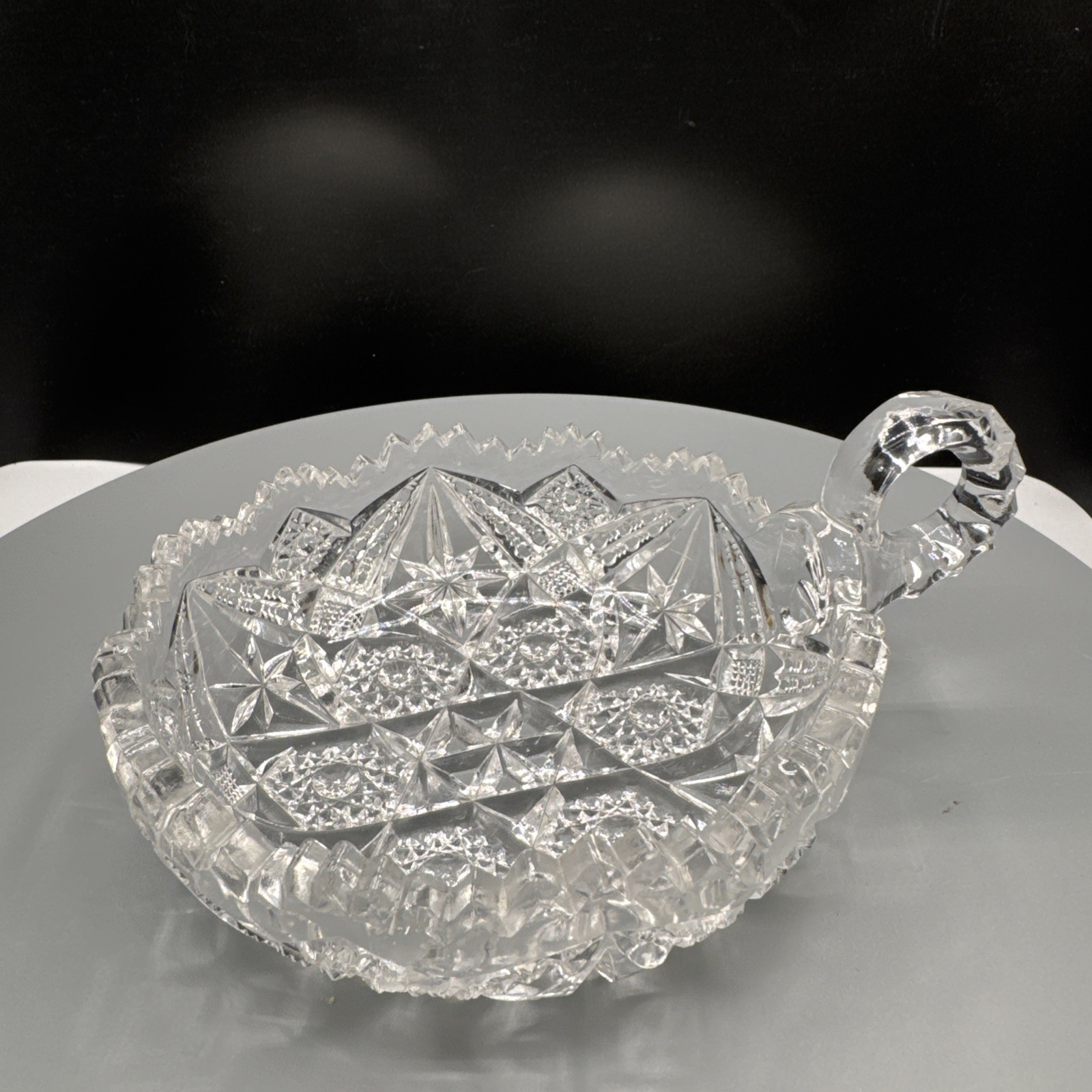 Vintage Clear Pressed Glass Handled Nappy Bowl Star Diamond Pattern 7”