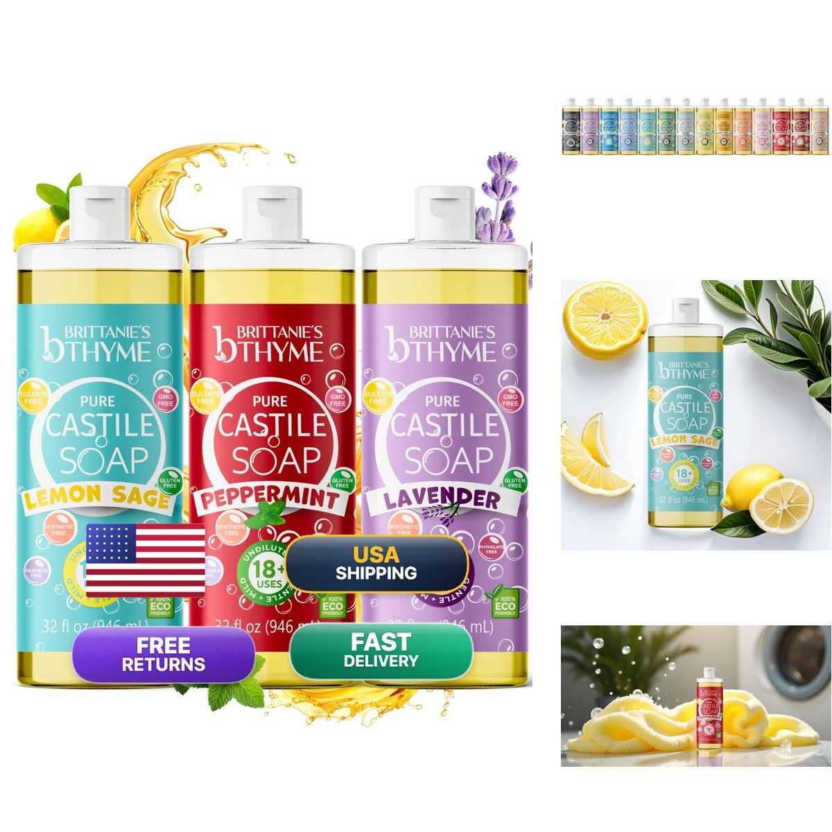 Brittanie's Thyme Pure Castile Liquid Soap Variety, Lavender/Peppermint/Lemon
