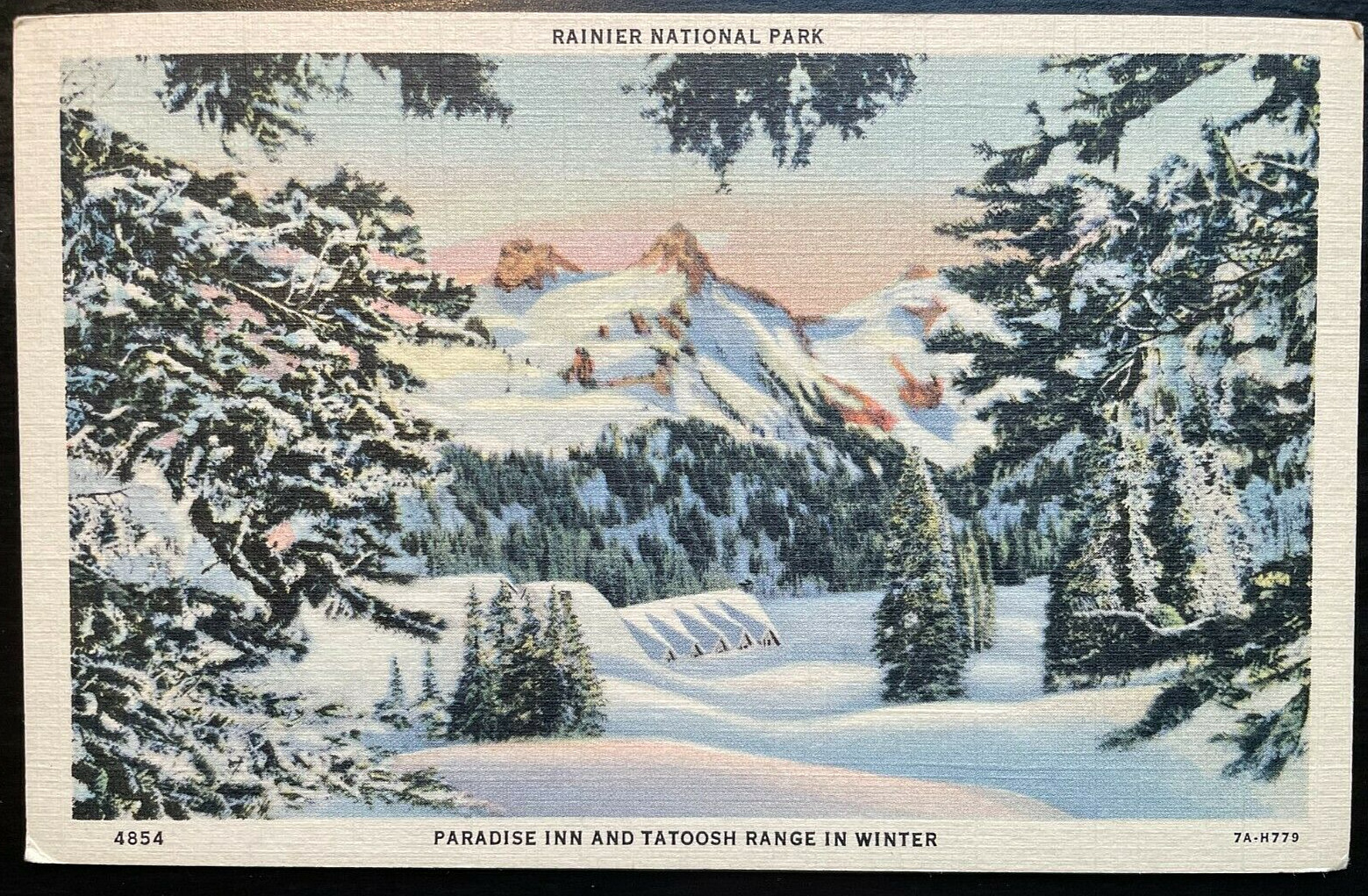 Vintage Postcard 1937 Ranier National Park Paradise Inn Tatoosh Range Washington