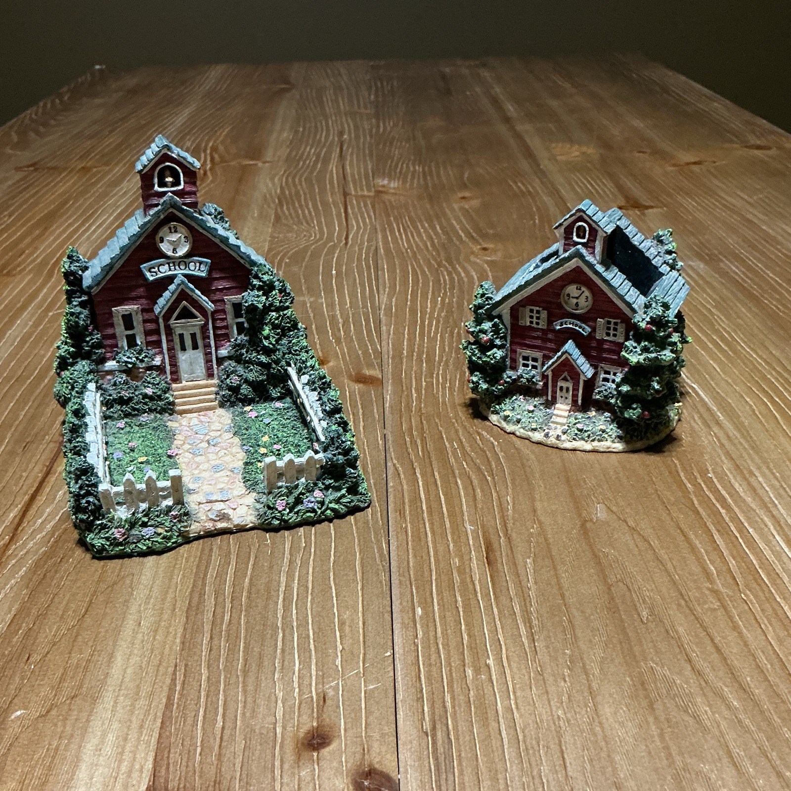 2pc Painted Resin Miniature Village Buildings Set, Schoolhouse & House, Multi