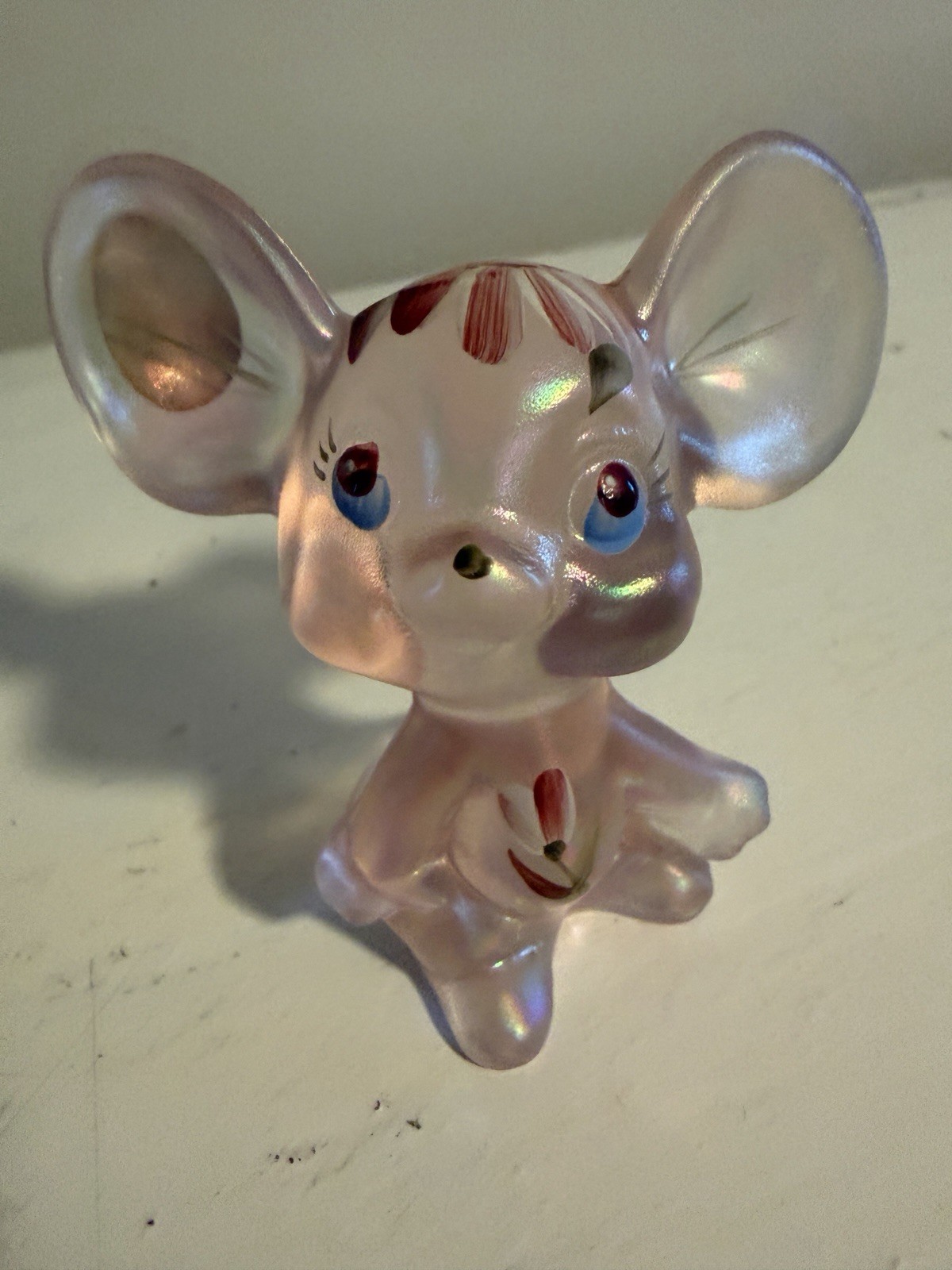 Vintage Fenton Art Glass Mouse Figurine Iridescent Pink Hand Painted Floral