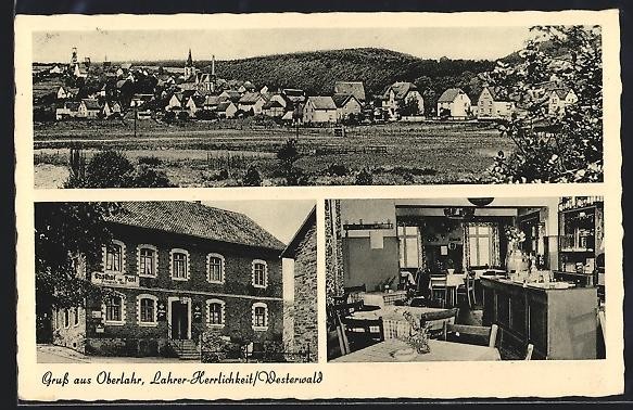 Postcard Oberlahr/Westerwald, Guest House Pension zur Post, owner A. Dickopf, Ortsan 