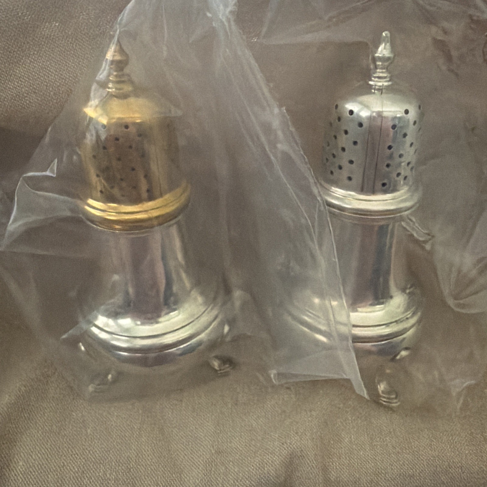 Tiffany and Co Sterling King William Antique Shaker Set, 2pc one w/ Gold Vermeil