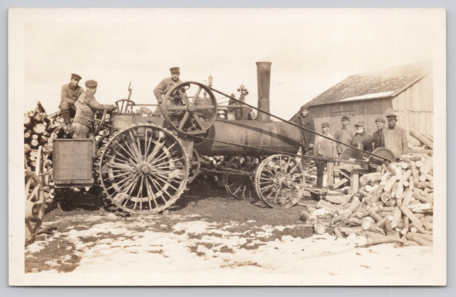 Steam Tractor Logging Crew Working Sawmill Operation Farm RPPC Photo Postcard Steam Tractor Logging Crew Working Sawmill Operation Farm RPPC Photo Postcard
