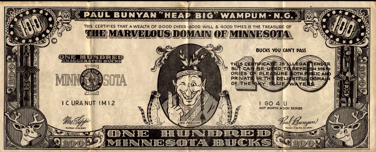 1952 ONE HUNDRED MINNESOTA BUCKS Paul Bunyan Blue Ox Large Souvenir