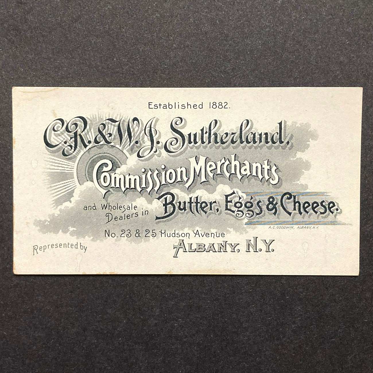 CR & WJ Sutherland Butter, Eggs, Cheese Merchant BUSINESS TRADE CARD, ALBANY NY CR & WJ Sutherland Butter, Eggs, Cheese Merchant BUSINESS TRADE CARD, ALBANY NY