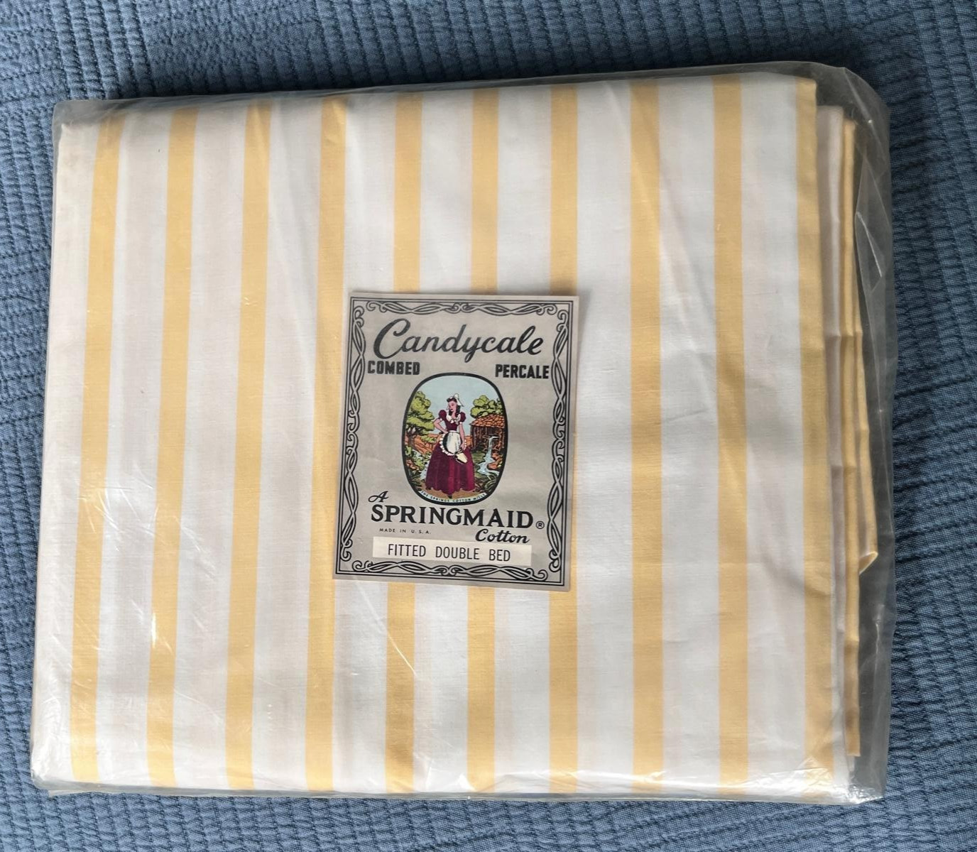 Springmaid Combed Percale Double Fitted Sheet Pillowcase Yellow Stripe NEW