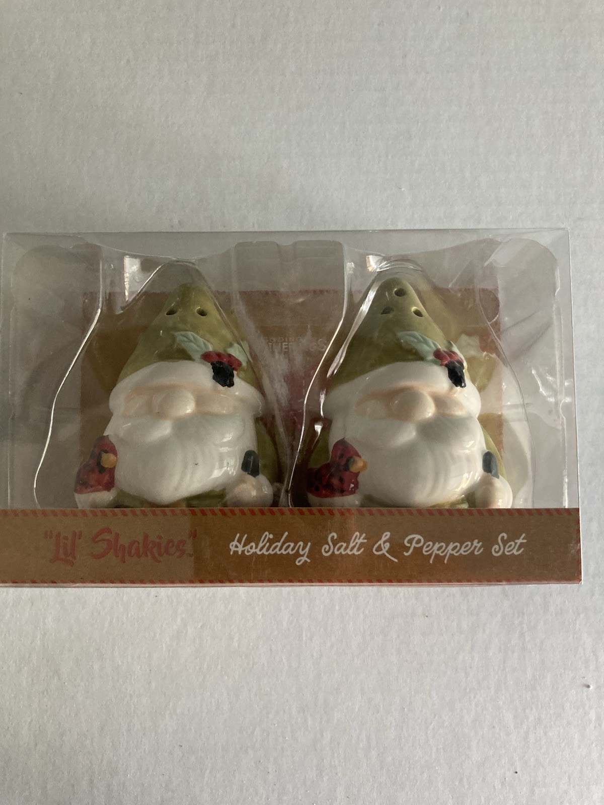 NIB Green Hat Gnome Salt & Pepper Shaker Set