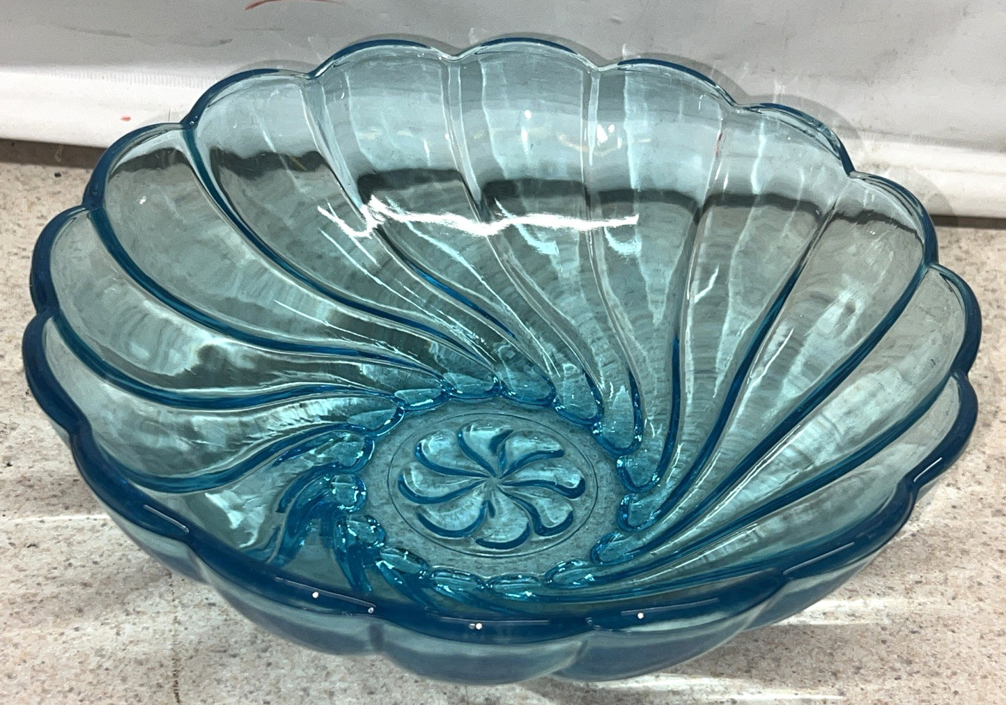 Vintage Blue Turquoise Glass Swirl Hazel Atlas Capri Seashell 9” Bowl Vintage Blue Turquoise Glass Swirl Hazel Atlas Capri Seashell 9” Bowl