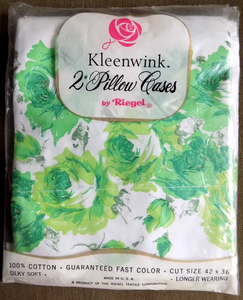 2 Kleenwink Pillowcases Green Rose Floral by Riegel 42x36 All Cotton NEW in pkg