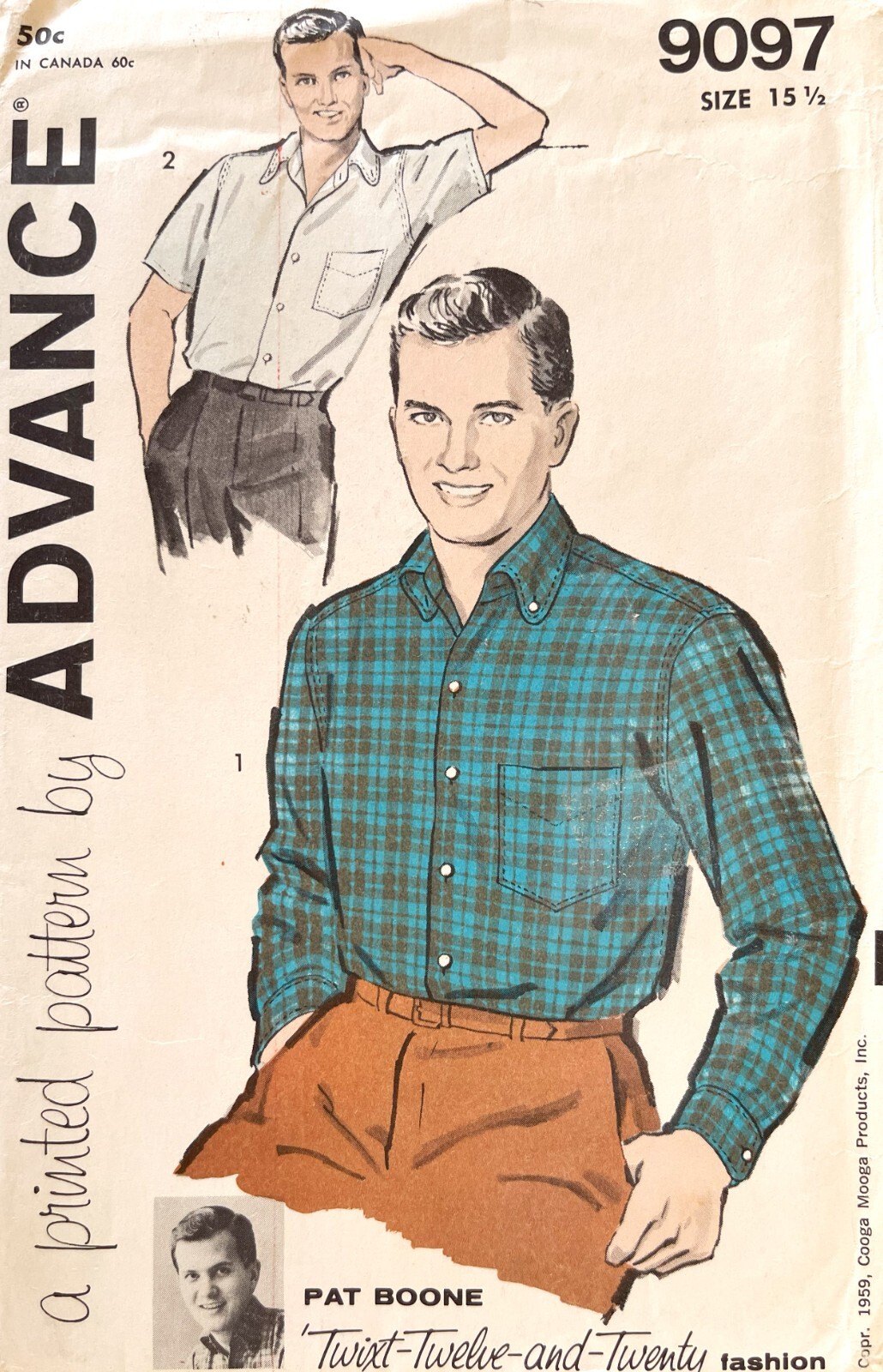 1950's Advance Men's Sports Shirt Pat Boone Pattern 9097 Size 40 UNCUT