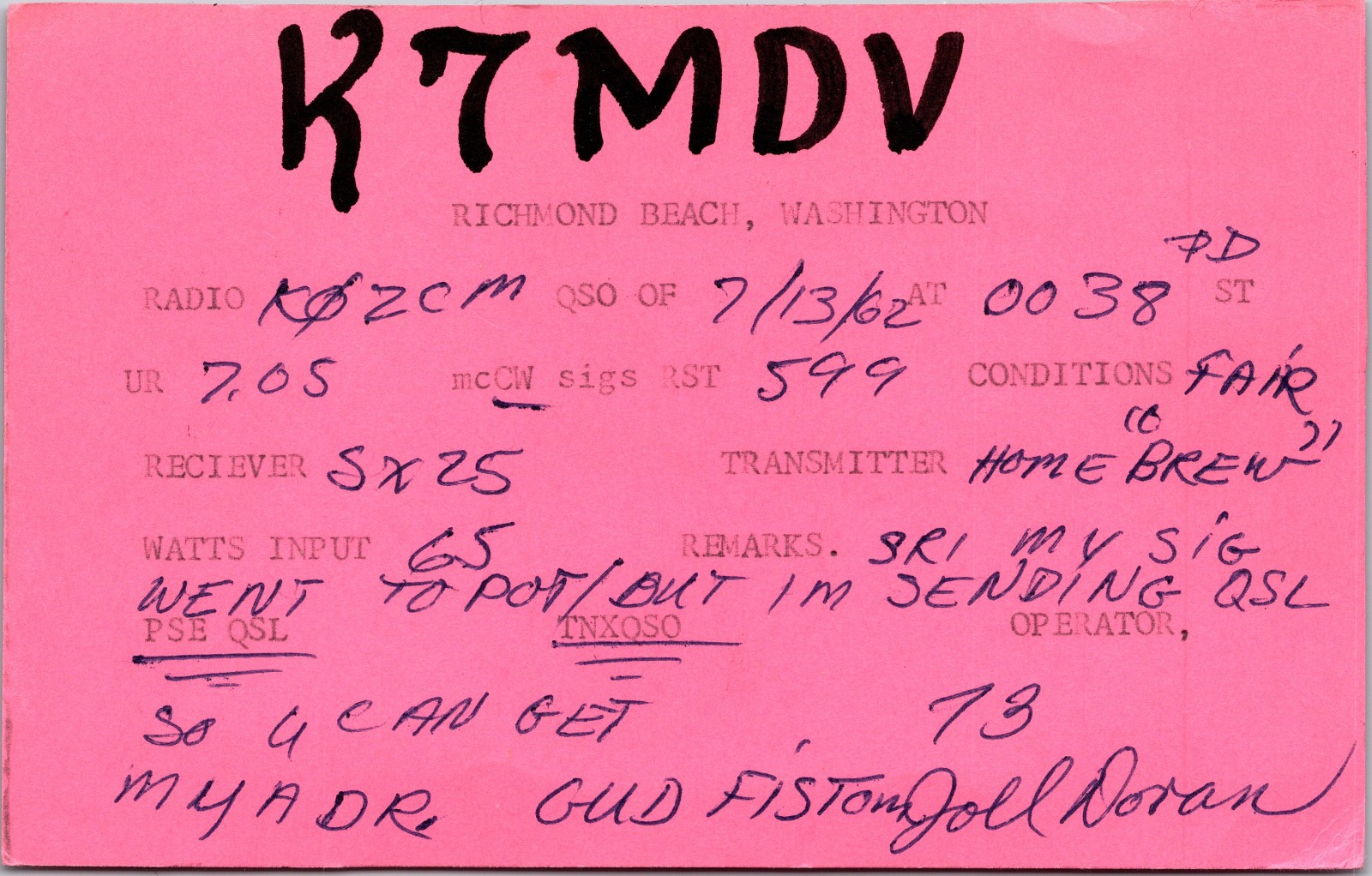 1962 K7MDV Richmond Beach Washington Ham Radio Amateur QSL Card Postcard Vtg 1962 K7MDV Richmond Beach Washington Ham Radio Amateur QSL Card Postcard Vtg