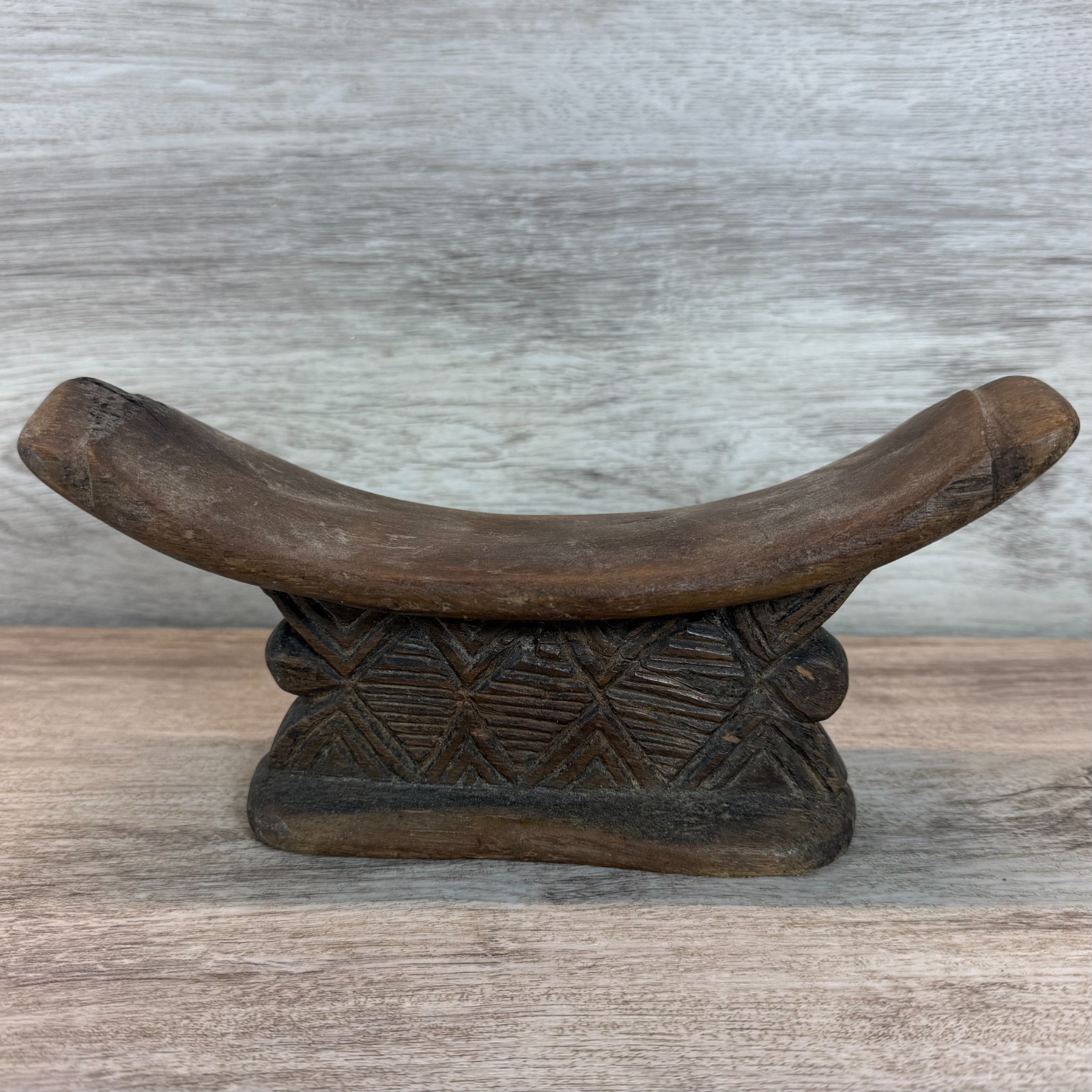 Antique African Shona Tsonga Wood Headrest Geometric Rare Carved Tribal Art