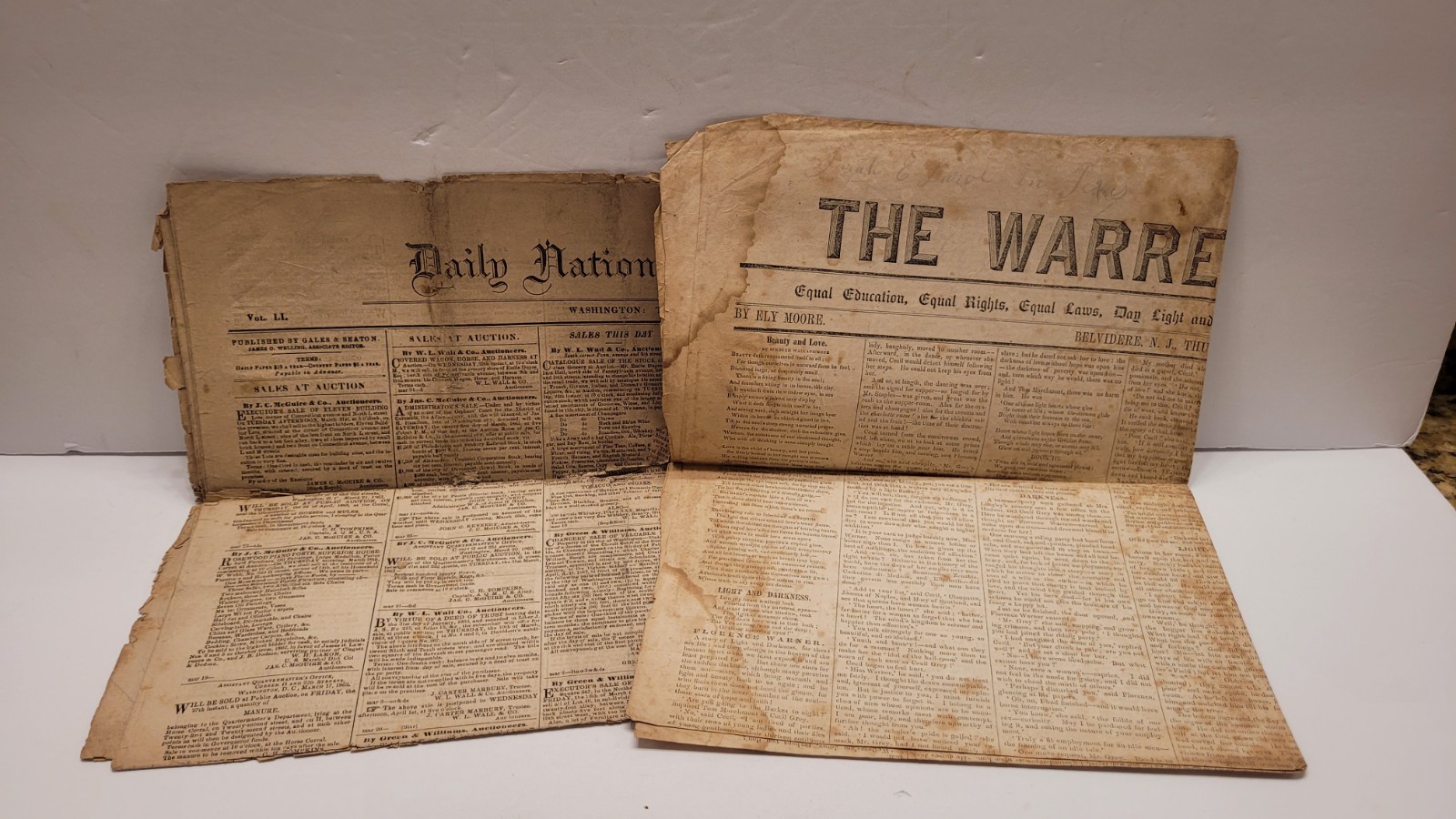 ANTIQUE Vintage Daily National Intelligence Warren Journal Newspapers 1863/1852