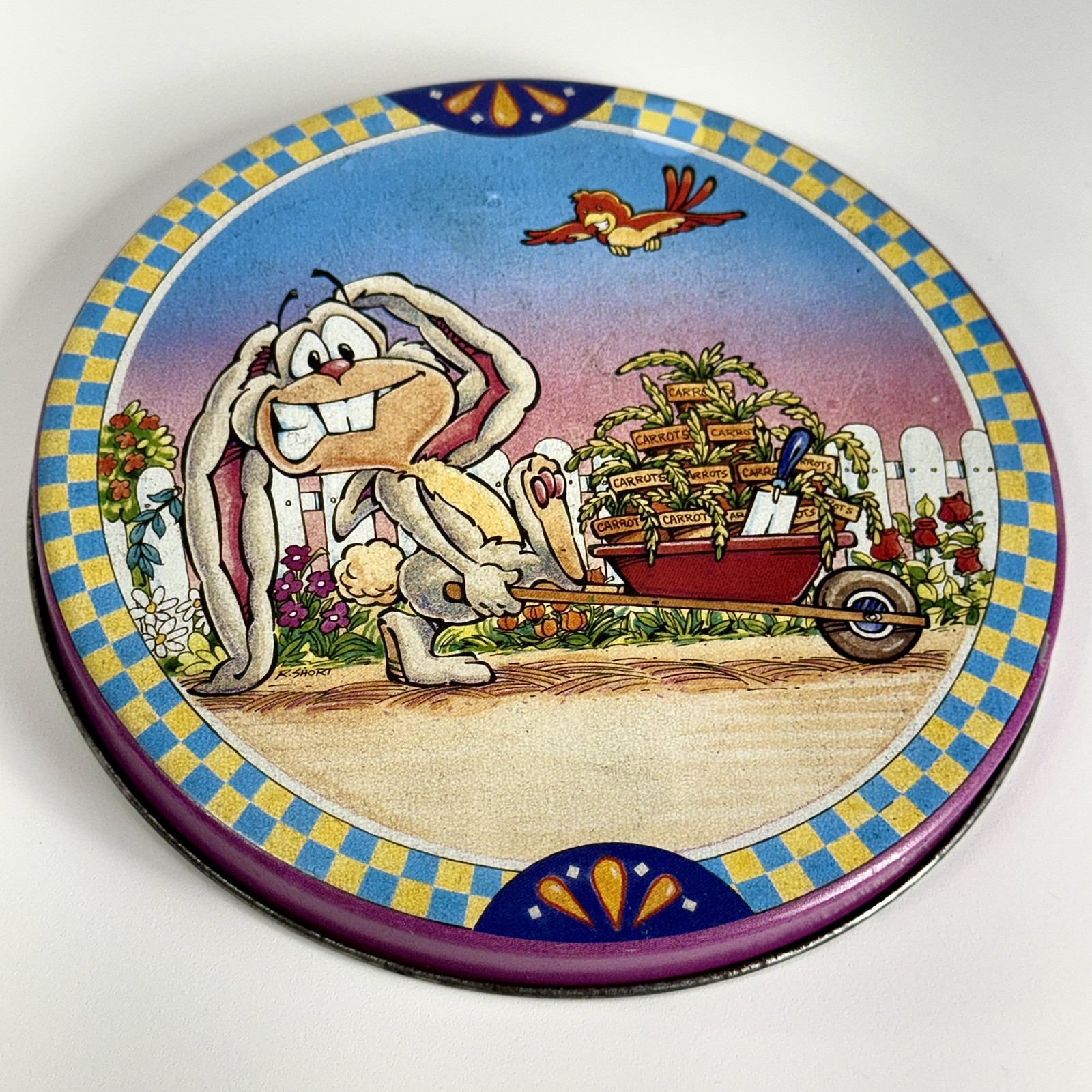 Vintage 90s Round Cookie Tin Easter Bunny Rabbit Funny Whimsical Advert 6.75x2 Vintage 90s Round Cookie Tin Easter Bunny Rabbit Funny Whimsical Advert 6.75x2