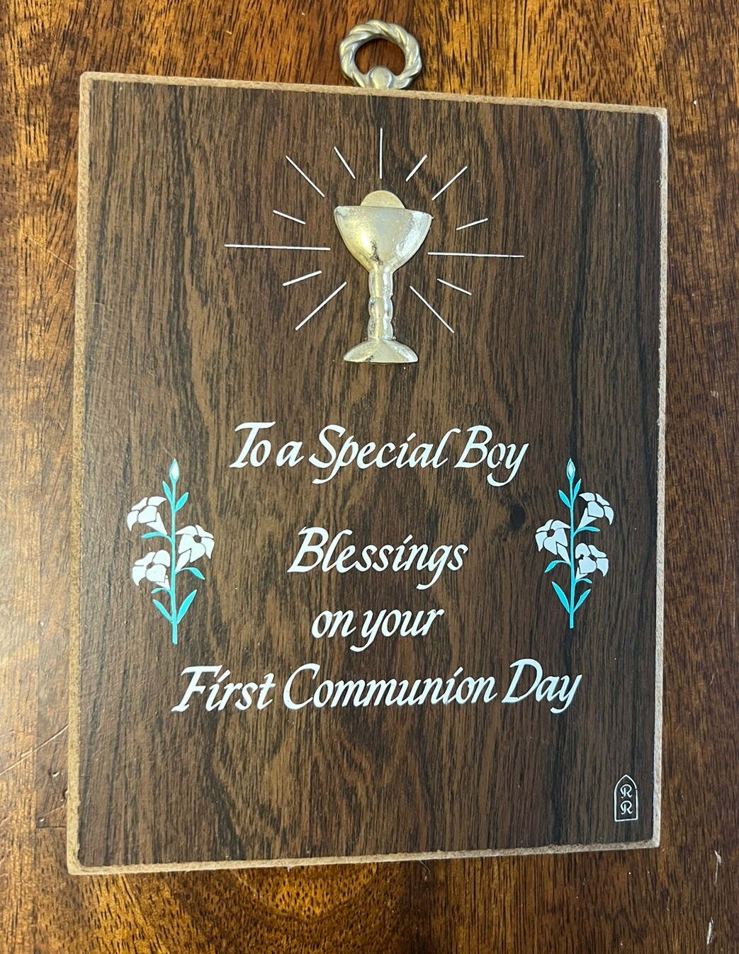 Vtg First Communion Gift Special Blessings To Boy on Wood Wall Hanging Religion