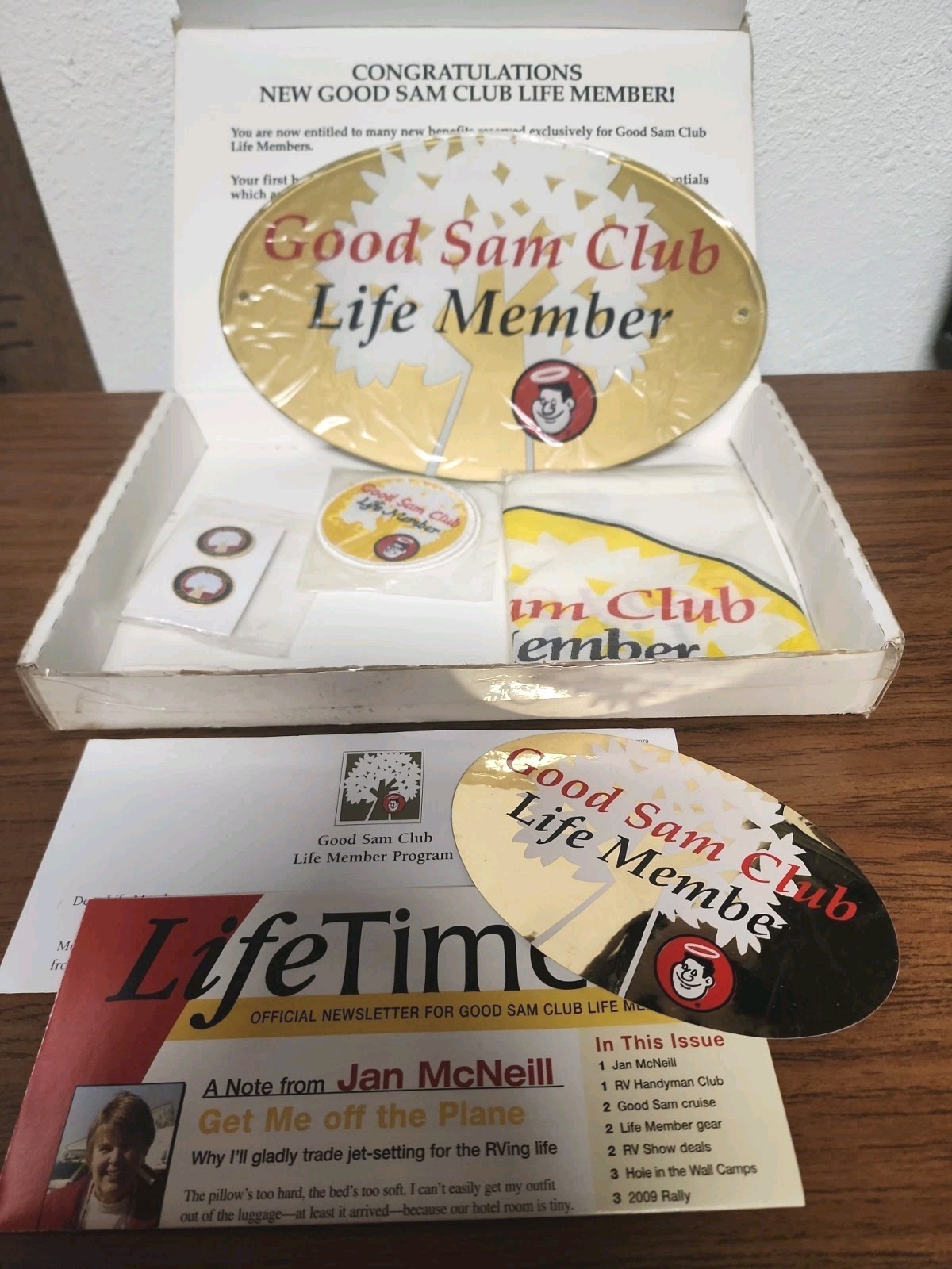 Retro Good Sam Club Life Member RV plaque, patch, sticker, pin flag set with box