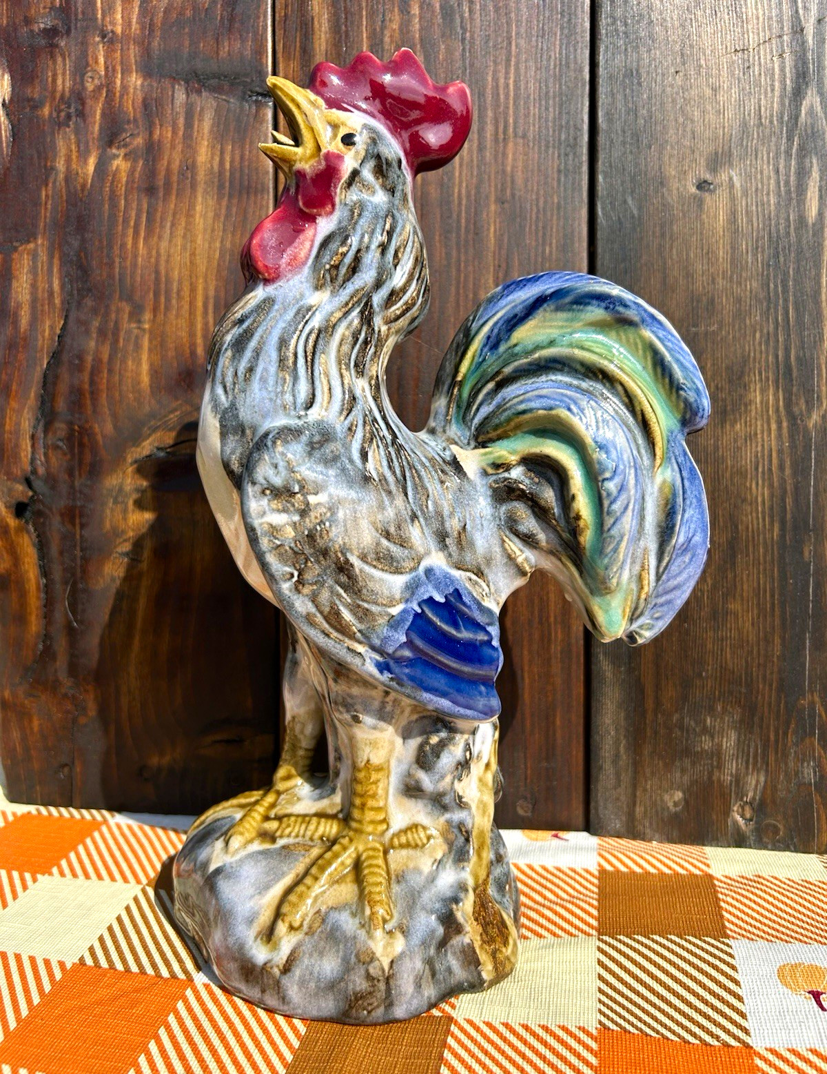 Vintage Mid Century Italian Majolica Style Ceramic Rooster Figurine - 12 inches