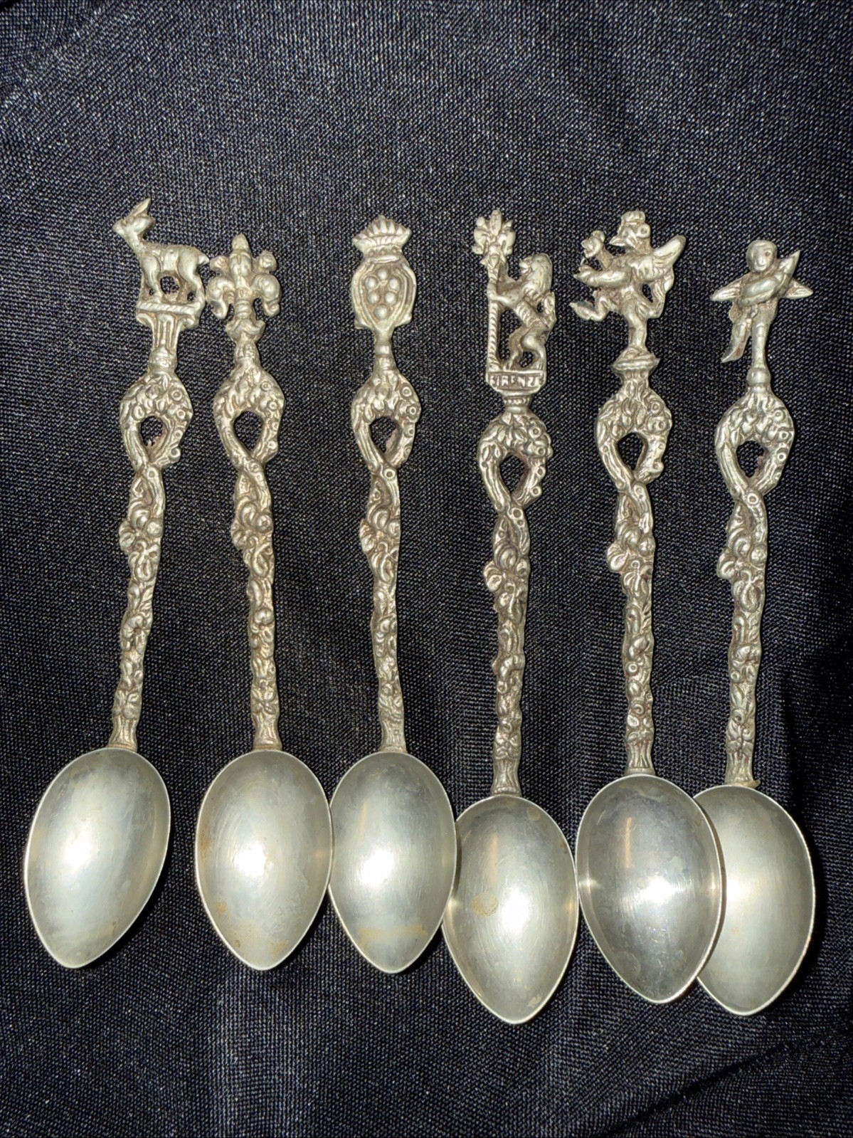 Vintage Italy Pewter Souvenir Spoon Set of 6 Firenze Venice Cherub Fleur-de-Lis