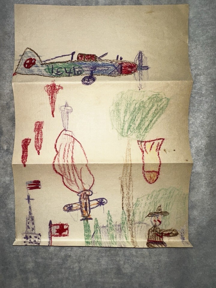 WWII WORLD WAR II childrens letter 1943 with detaiuled draweing fantastic scarce
