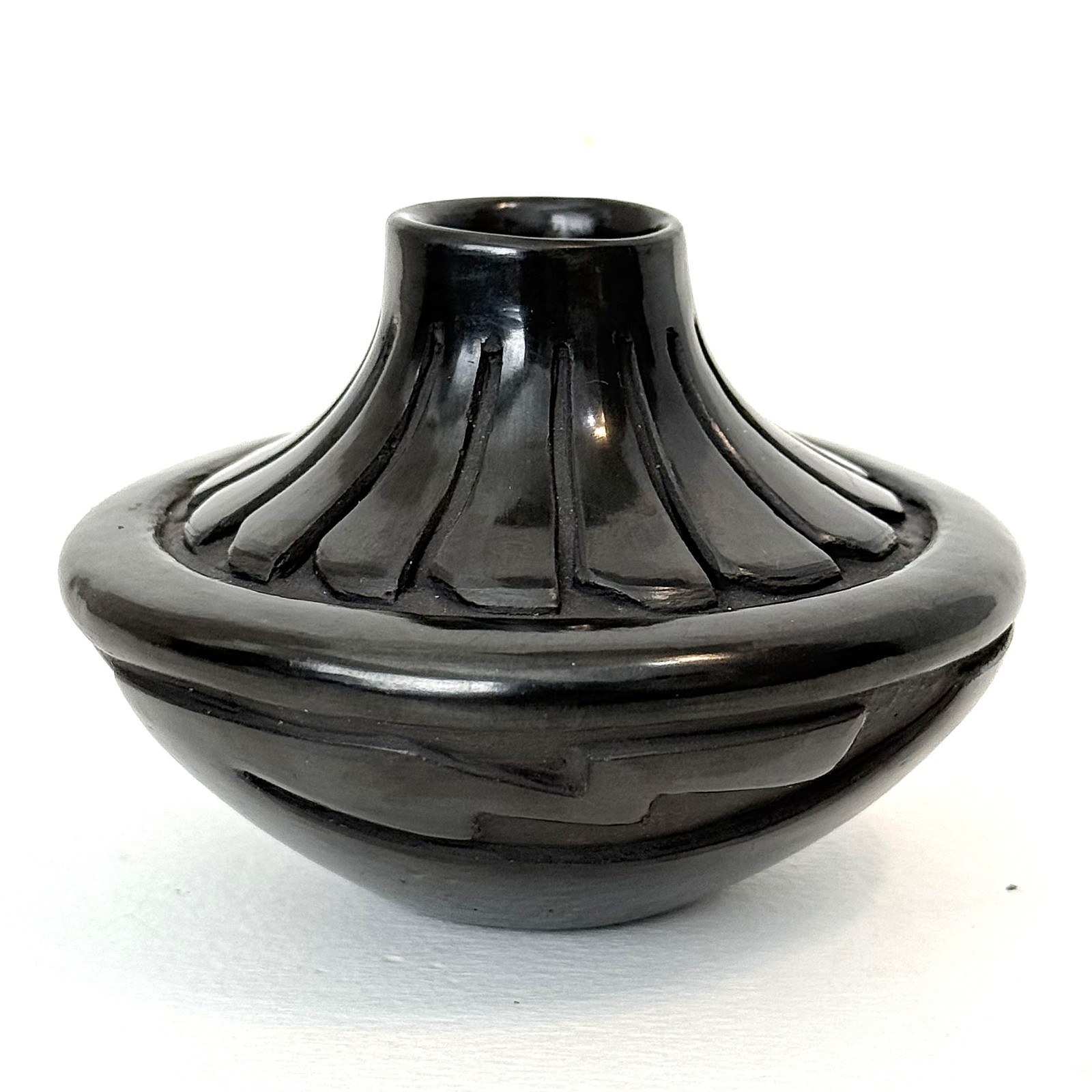 Santa Clara Pottery Vase Carved w/ Feather & Lightning Signed Denise Chavarria