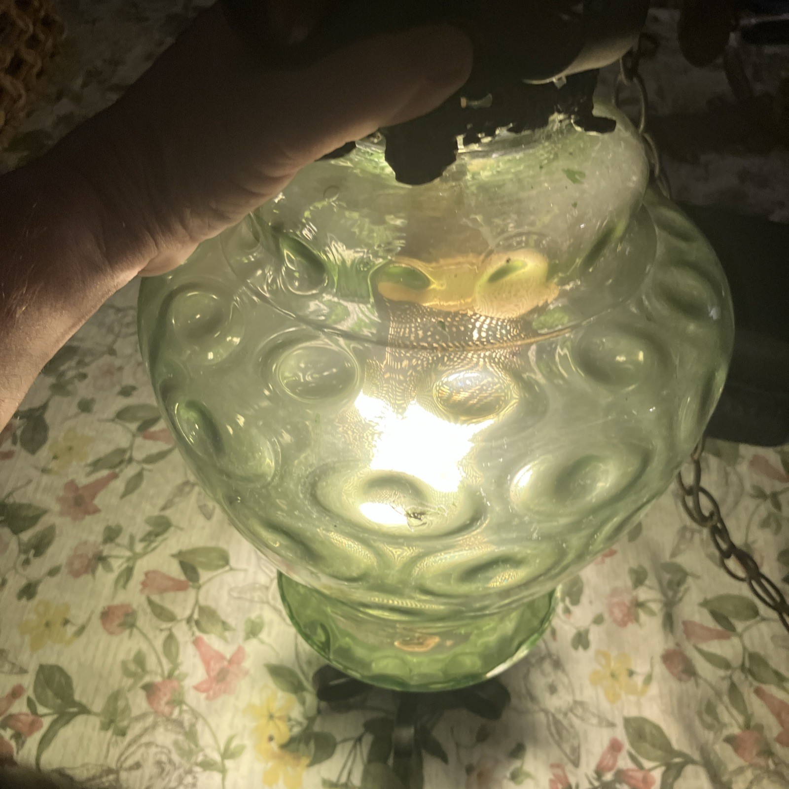Vintage Mcm Emerald Green Large Dimple Swag Lamp 15” Globe  Light Works