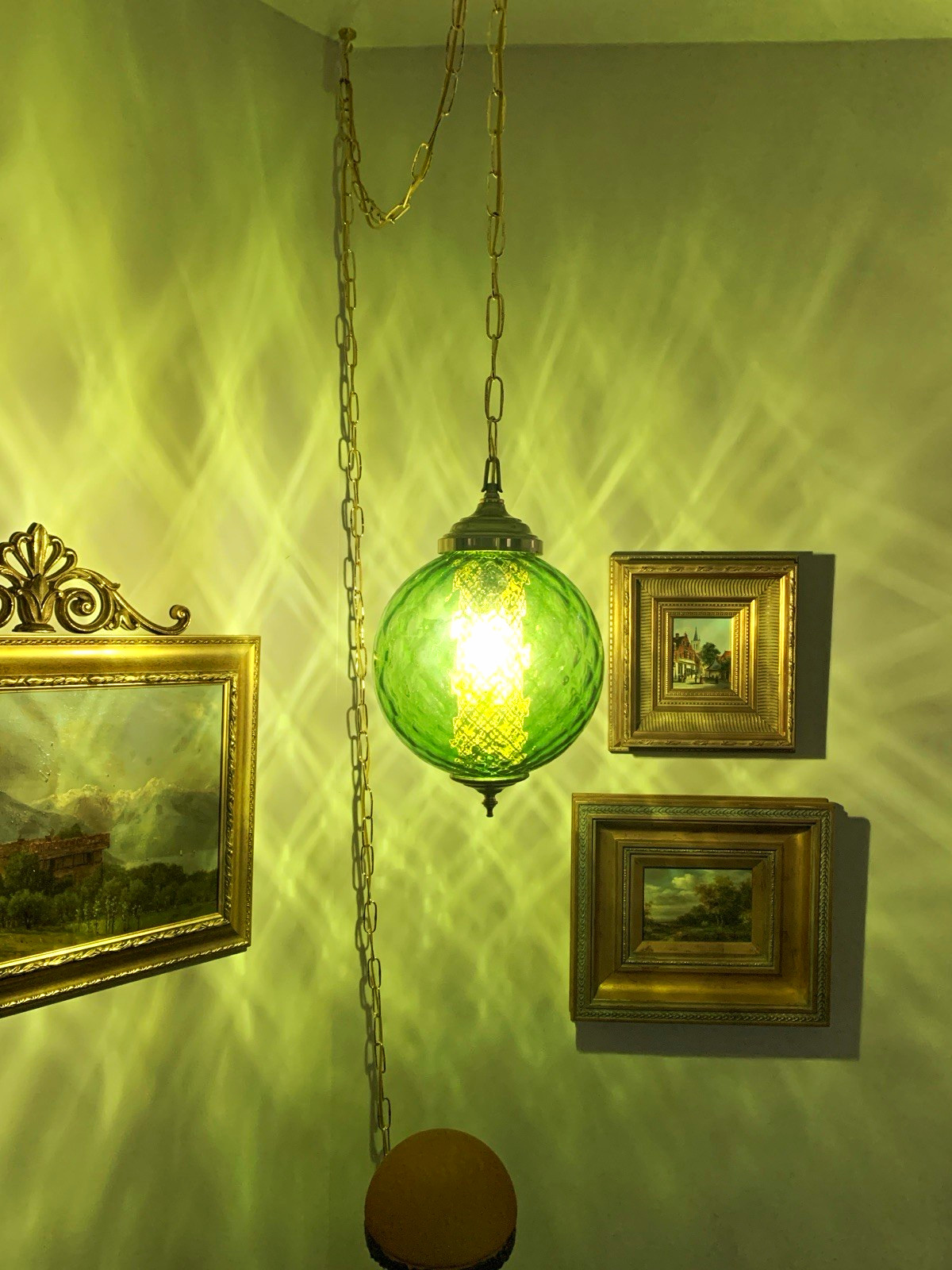Vintage Green Diamond Optic Glass Swag Lamp Hanging Chain Lamp Vintage Green Diamond Optic Glass Swag Lamp Hanging Chain Lamp