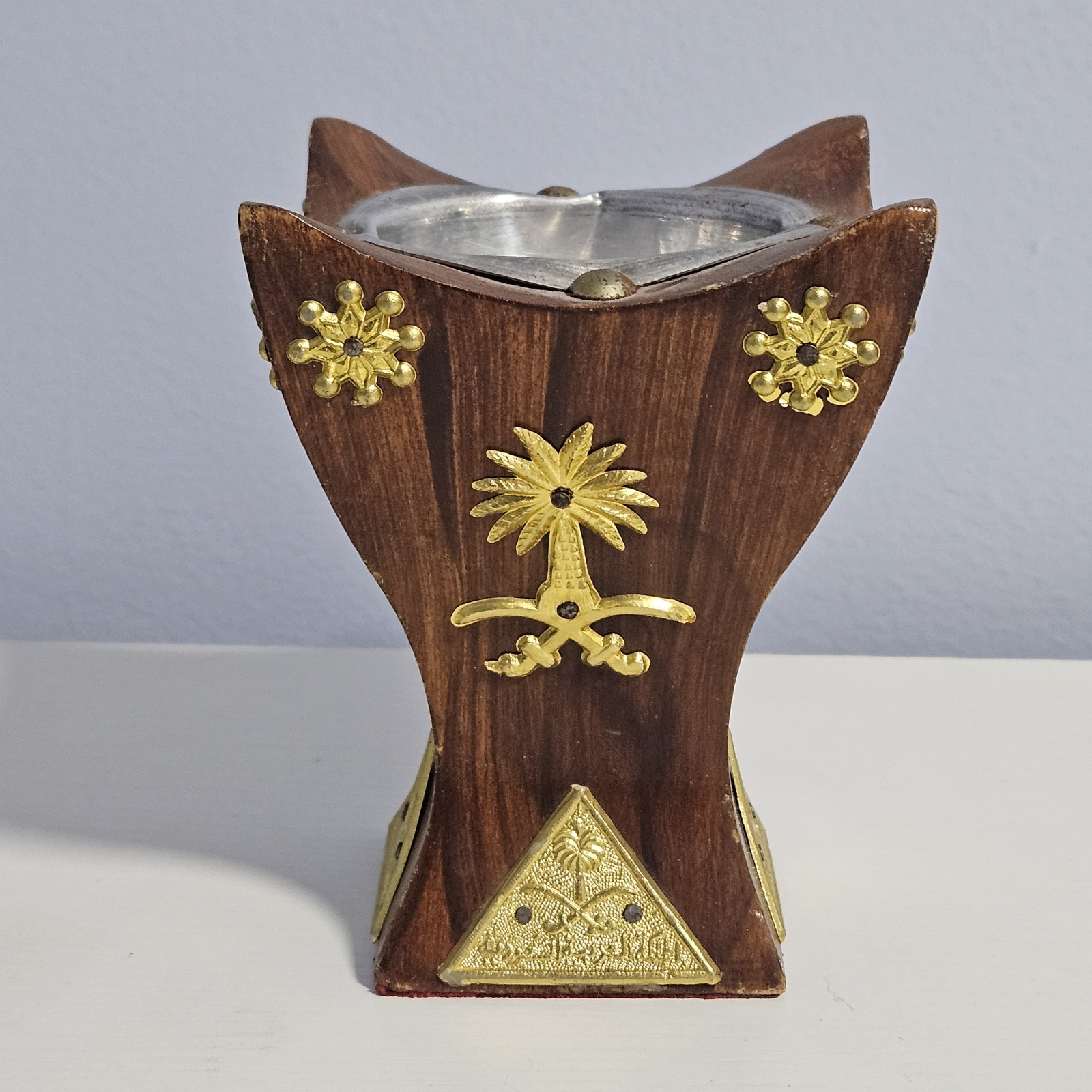 Vintage Handcrafted Wooden Mabkhara Incense Burner (Saudi Emblem)