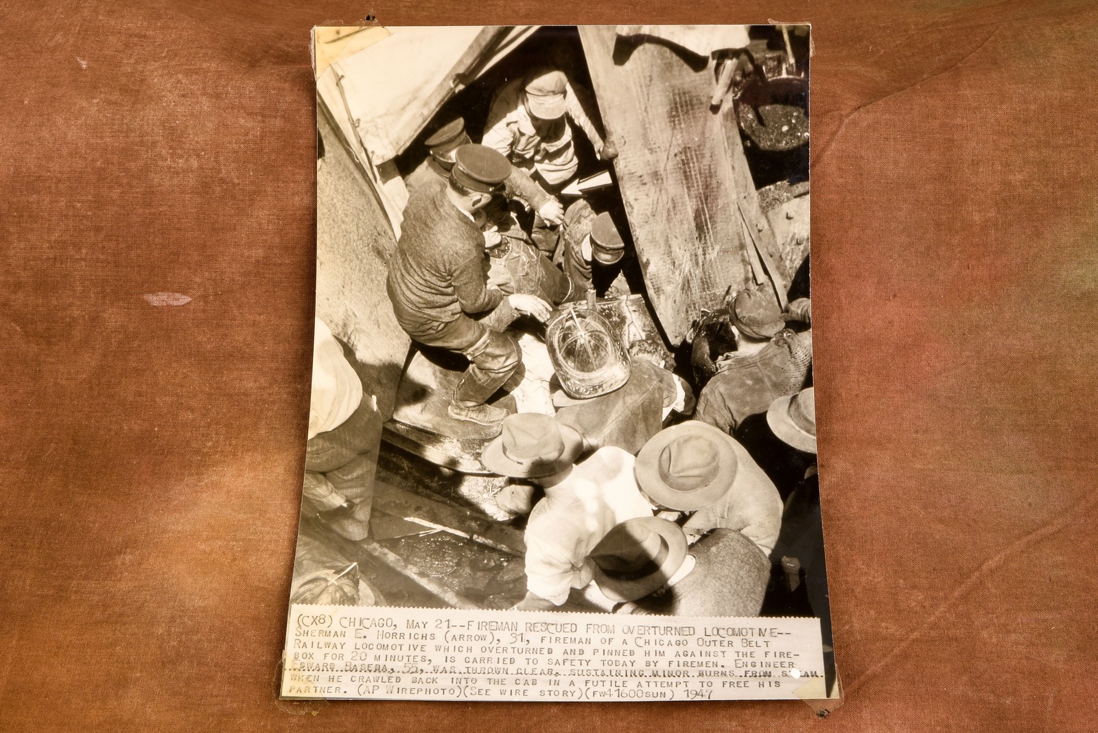 Chicago Fireman Rescued From Overturned Locomotive 6½x9⅛ 1947 AP Wire Photo V33