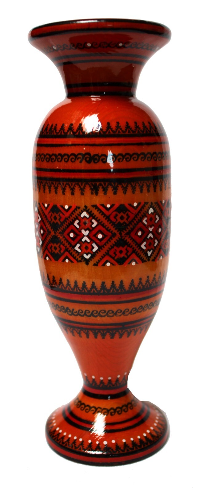 Vintage Wooden Ukrainian Traditional Geometric Design Vase Handmade Numbered #32