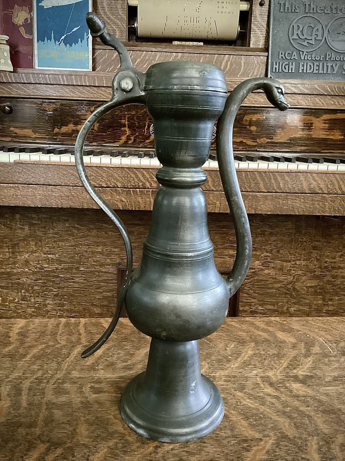 Pewter Pitcher Antique Lidded Flagon Bird Head Spout European 1800’s 19thC