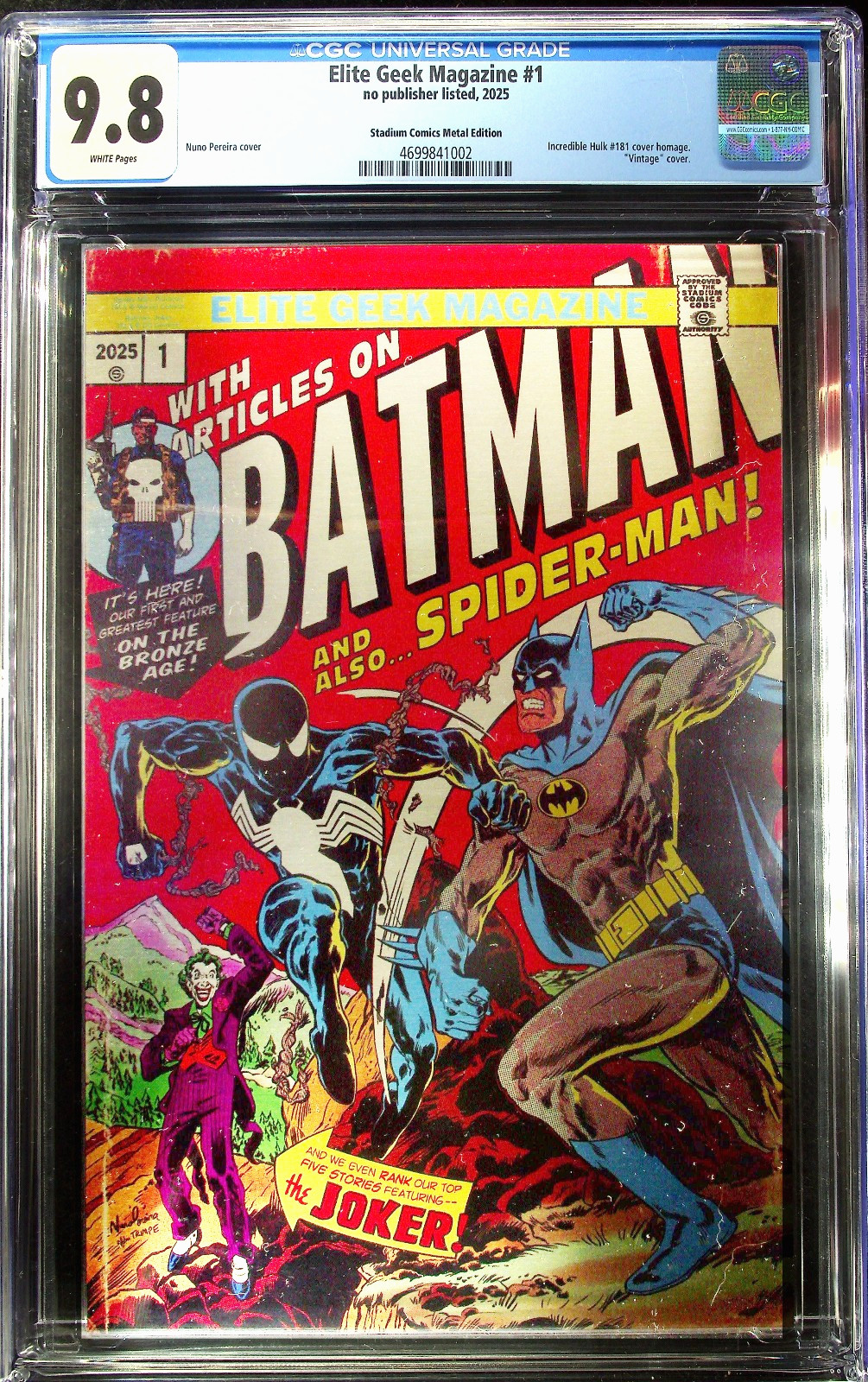 Elite Geek Magazine #1 (2025) CGC 9.8 Batman vs Spider-Man Hulk 181 Metal LTD 25 Elite Geek Magazine #1 (2025) CGC 9.8 Batman vs Spider-Man Hulk 181 Metal LTD 25