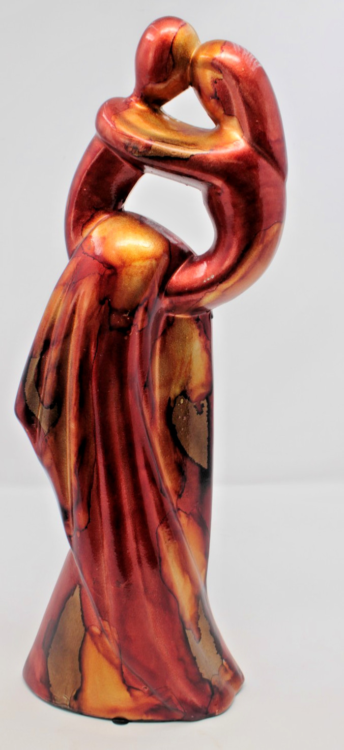 Abstract Romantic Couple Embrace Sculpture Statue Red Gold Modern Decor 15”